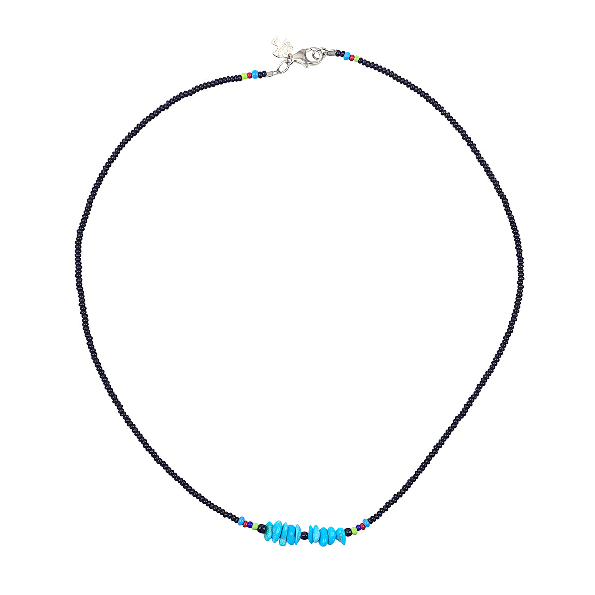 Sterling Silver lobster claw clasp with black glass seed beads strung with colorful beads mixed in toward the main focal point of the necklace where 11 Turquoise chip beads sit.