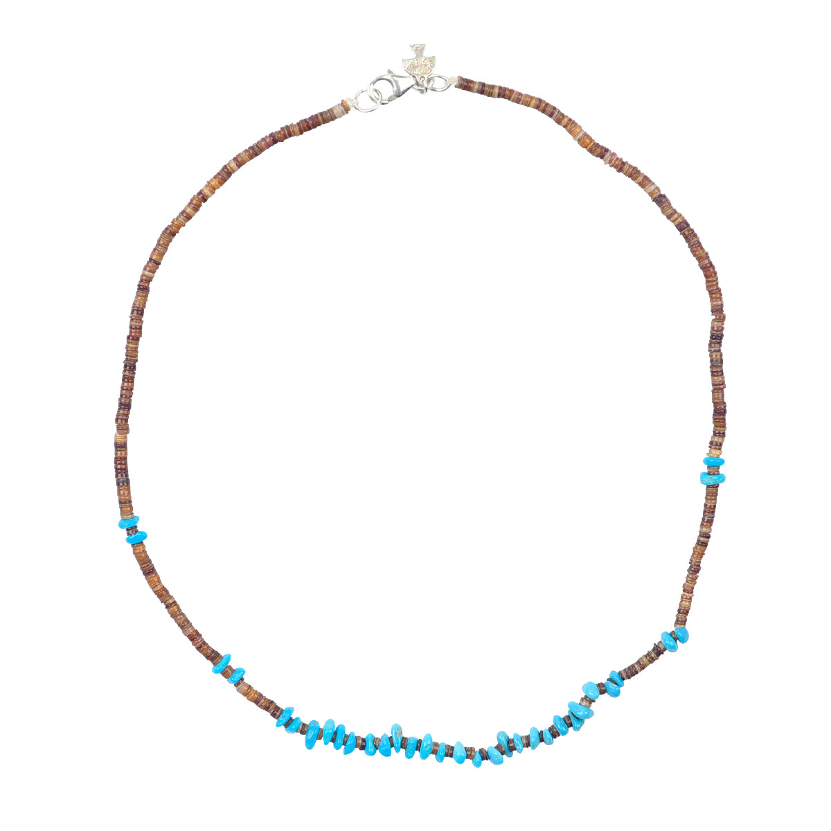 Sterling Silver lobster claw with beaded brown lip heishi shell and turquoise chip bead necklace
