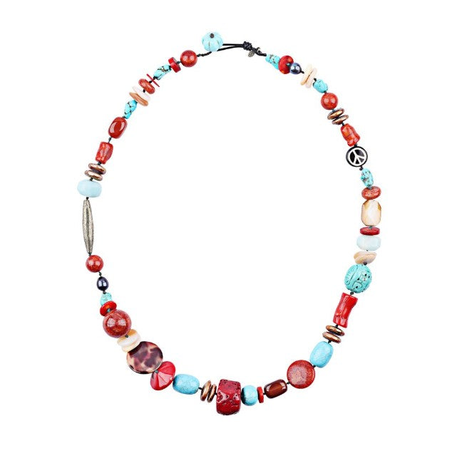 Collected treasure necklace with multiple stones and goat leather button loop closure.