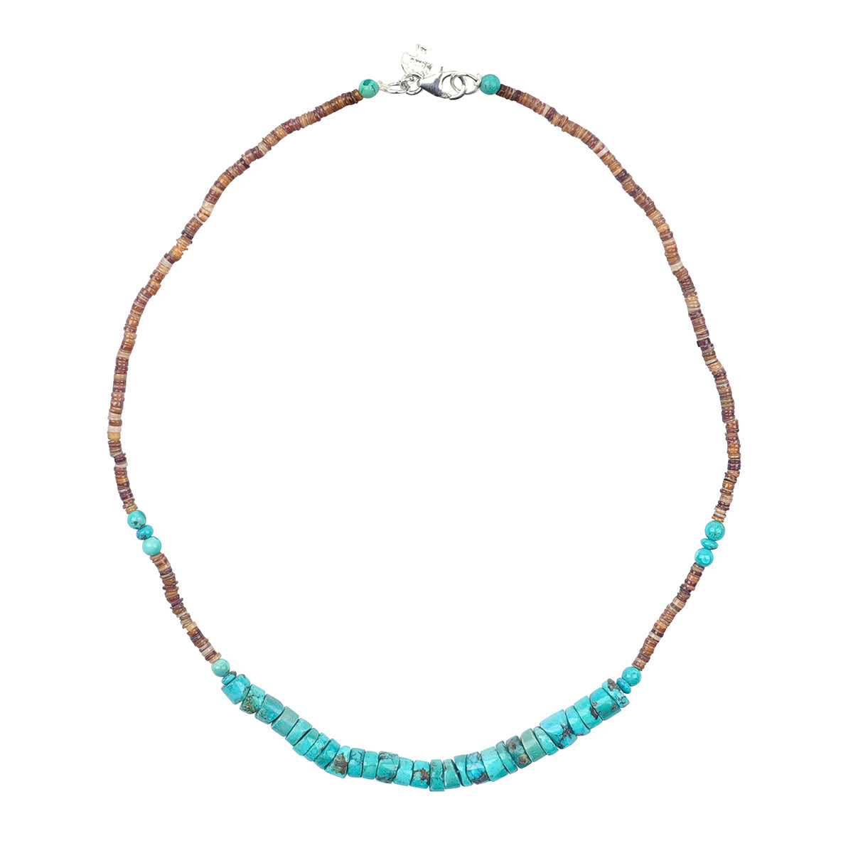 Large heishi turquoise beads with brown lip shell beads strung with Sterling Silver lobster claw closure Necklace.