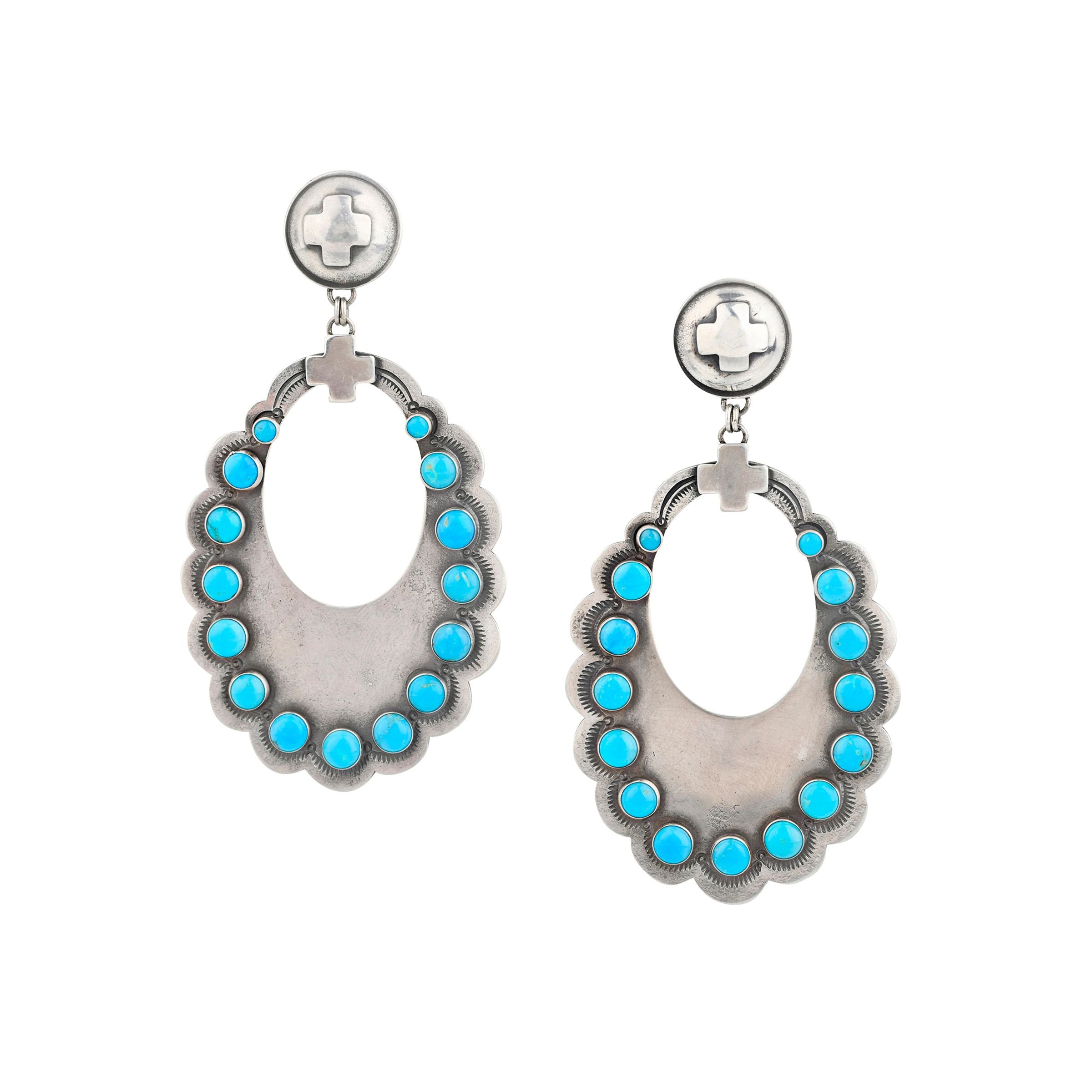 Dennis Hogan Eternal Bliss Earrings, artisan, sterling silver, made in USA, turquoise, wild west, cross, statement earrings