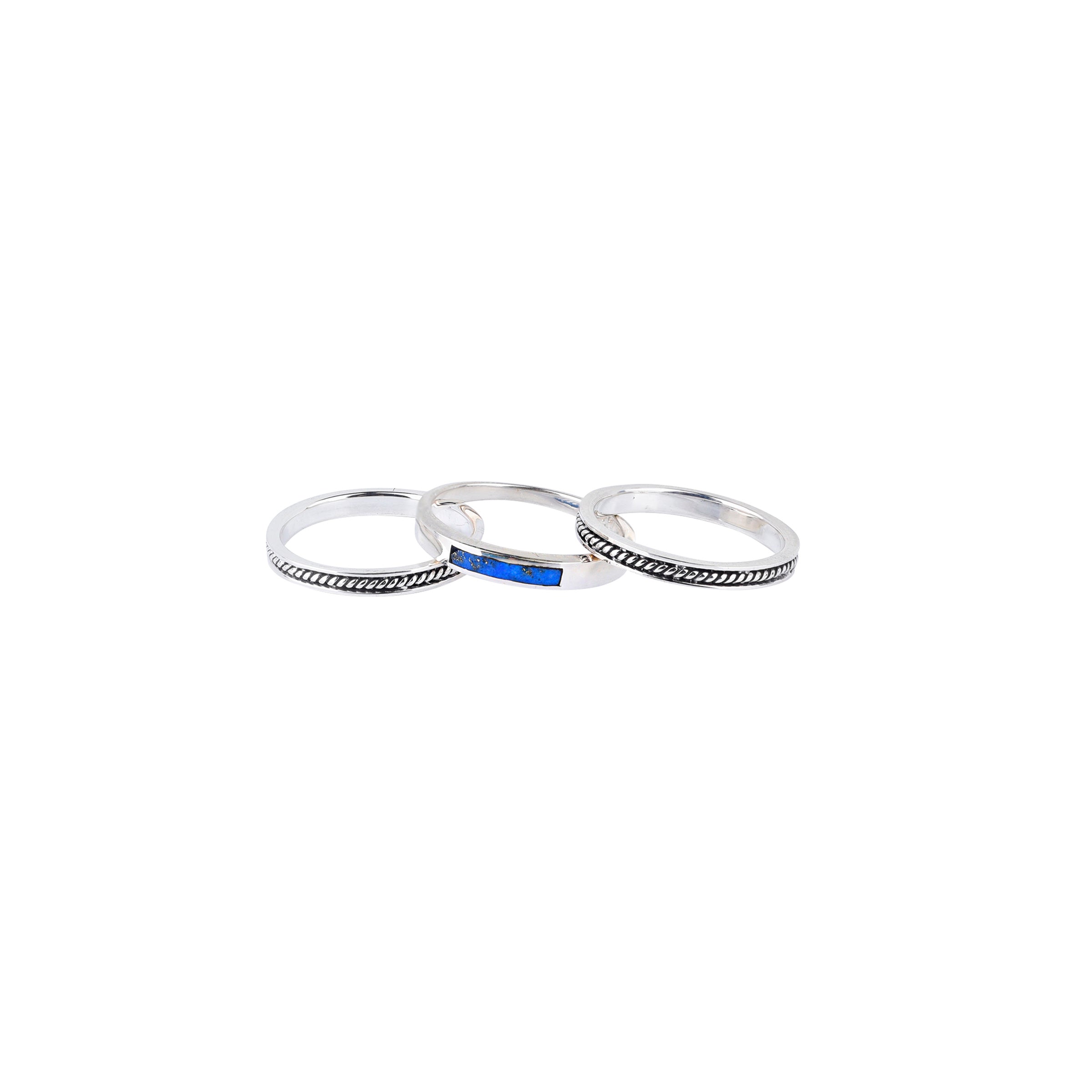 three sterling silver rings. Two with rope patterns and one with blue lapis inlay in rectangular channel