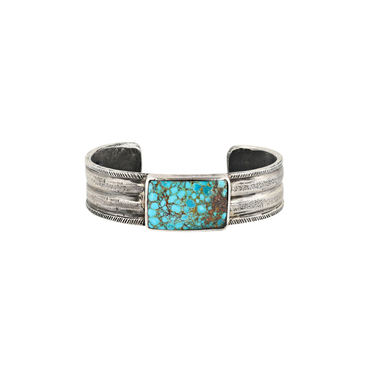 Jock Favour Coin Silver cuff bracelet with turquoise stone