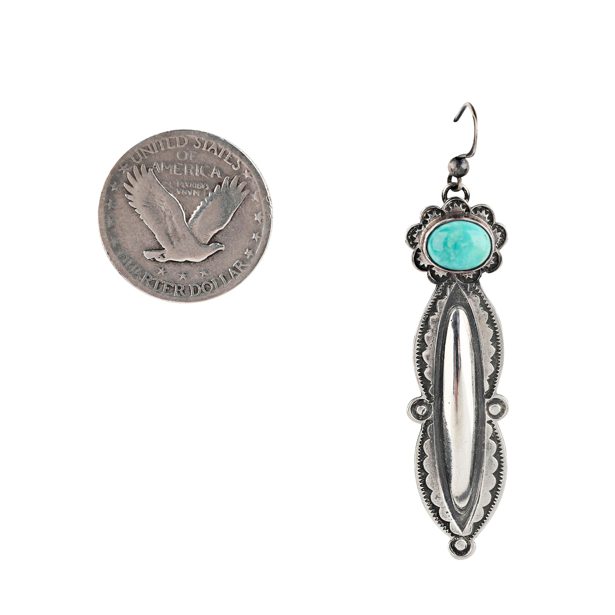 Pair of Sterling Silver, Santa Fe Style elongated stamped earrings topped with Turquoise.