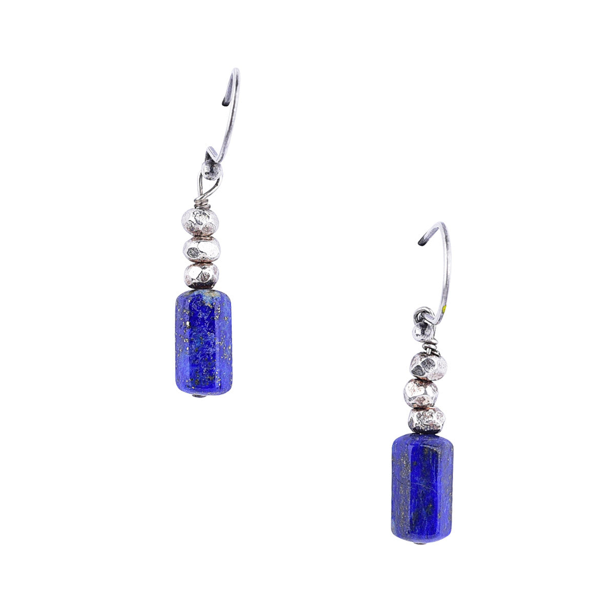 Thai silver beads stacked on top of lapis for these drop earrings by Peyote Bird Designs
