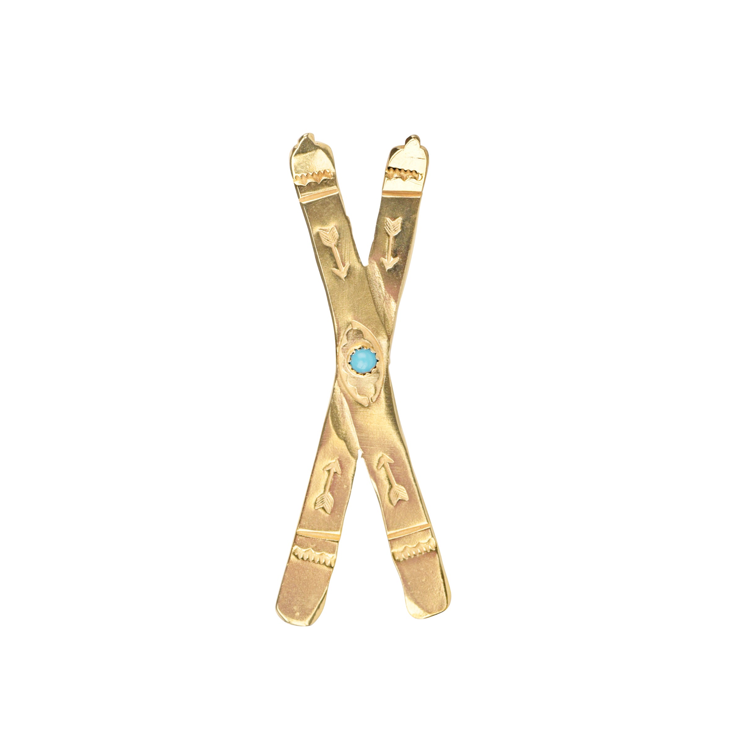 Joe Eby 14K gold plate skis pin with blue turquoise stone.