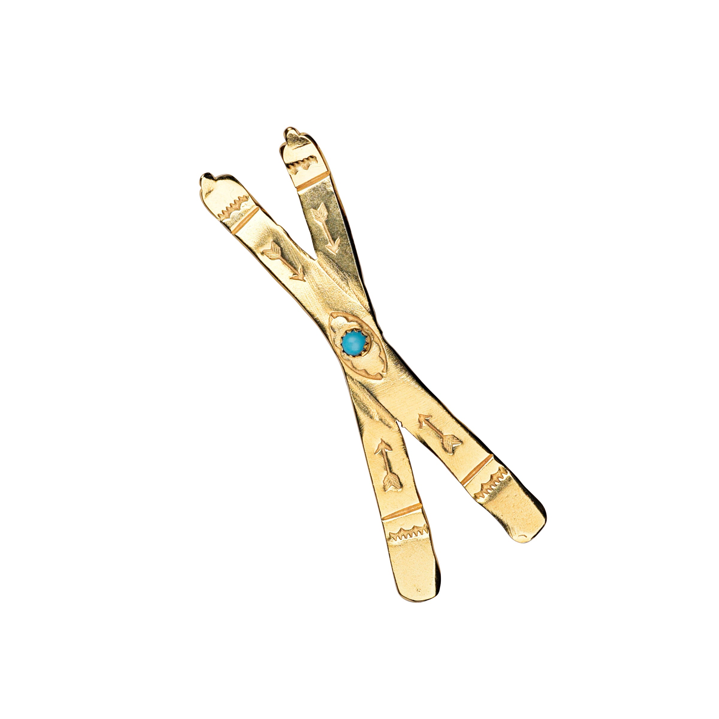 Joe Eby 14K gold plate skis pin with blue turquoise stone.