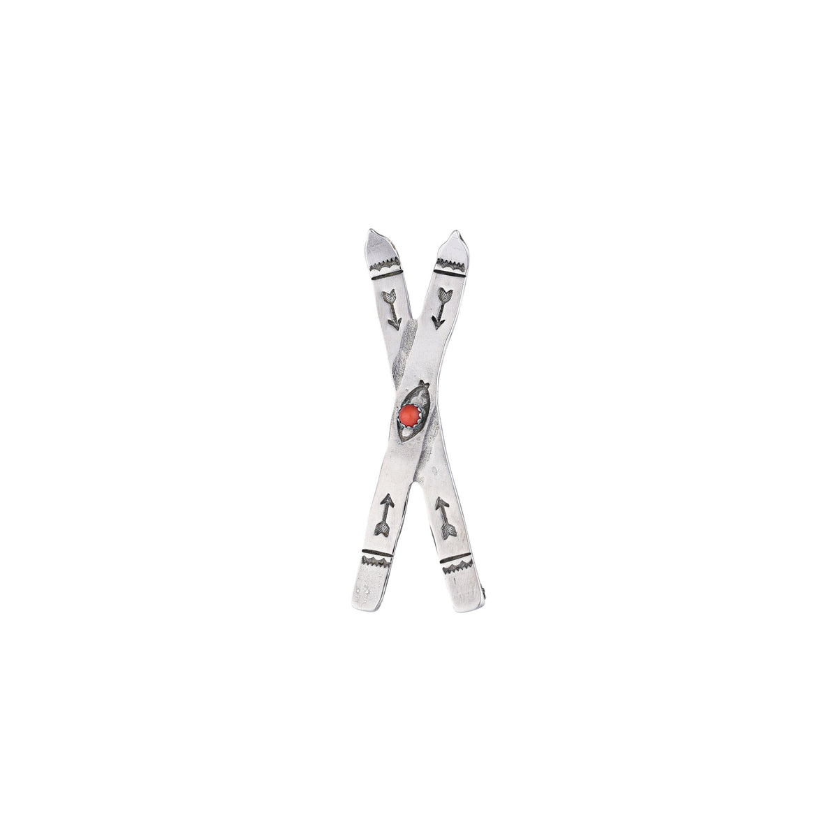 Joe Eby sterling silver skis pin with Red Coral stone.