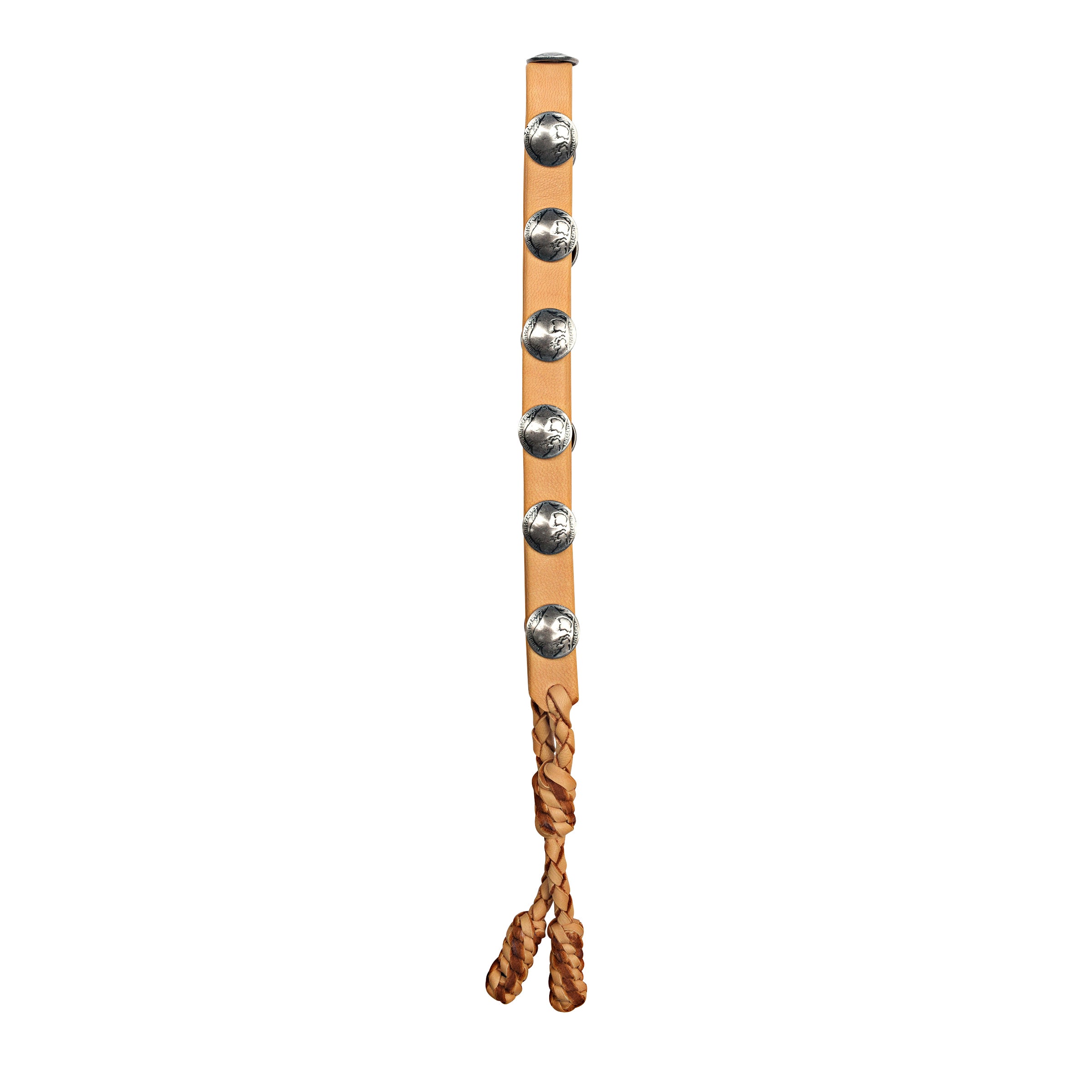 Double-layered deerskin leather hatband with silver buffalo nickels. Handcrafted in the USA.