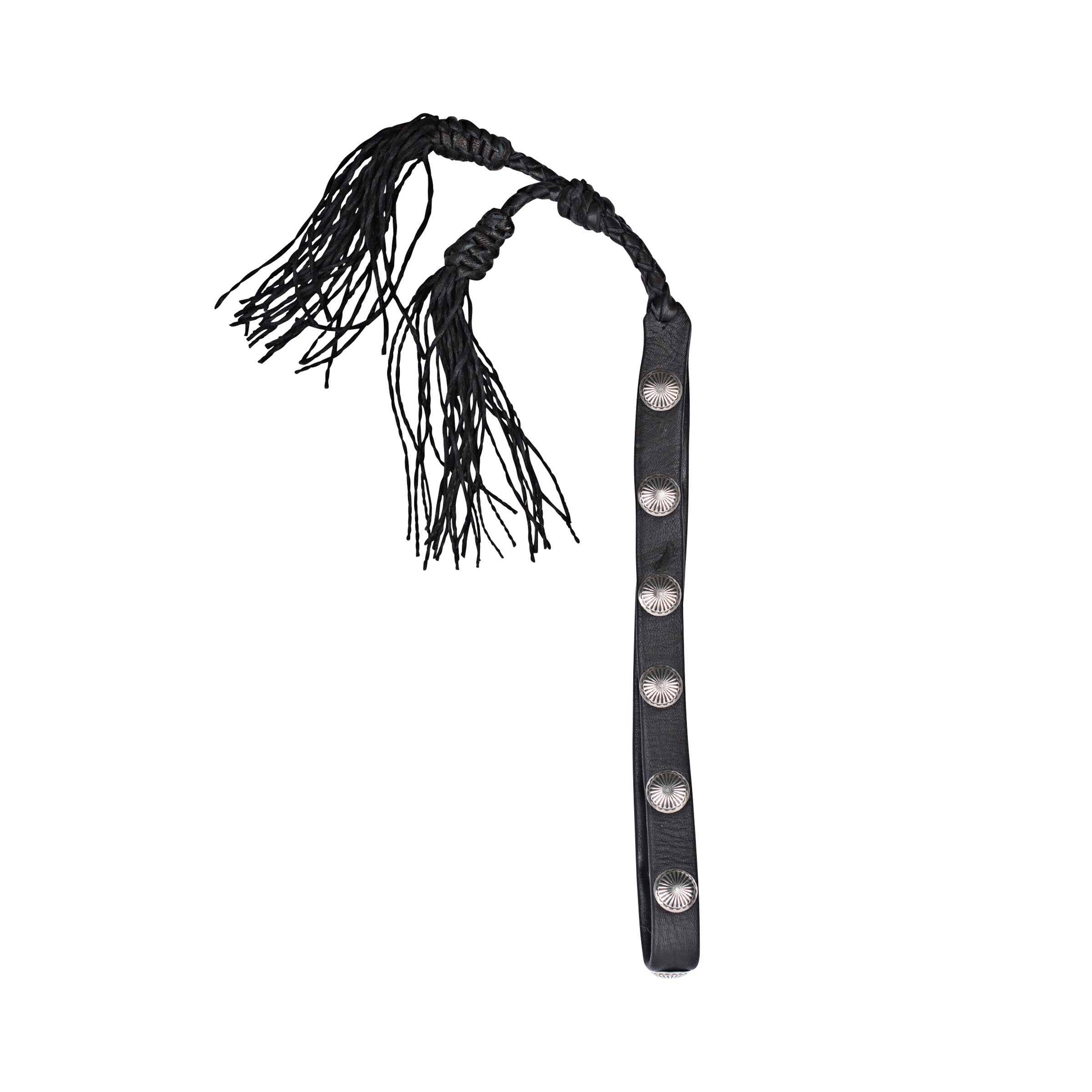 Double-layered deerskin leather hatband with silver sun conchos. Handcrafted in the USA.