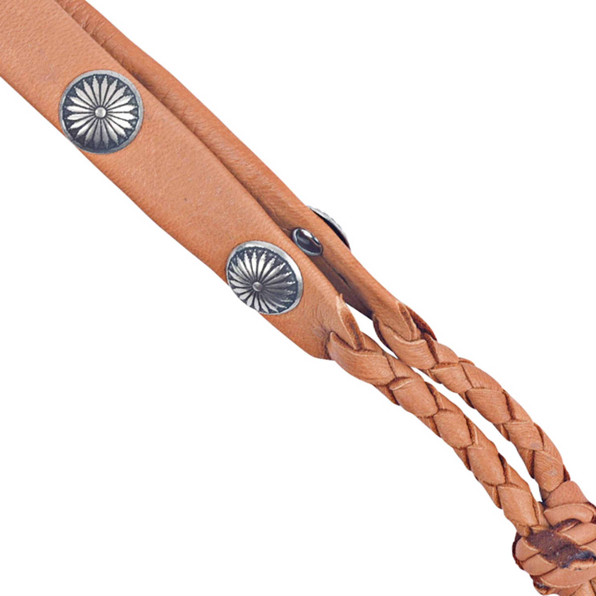 Double-layered deerskin leather hatband with silver sun conchos. Handcrafted in the USA.