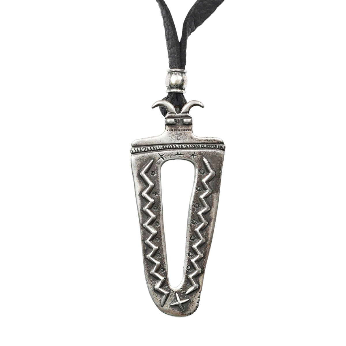 Ingot Coin Silver Pendant of a Tribal Butterfly strung on Leather with Sterling silver slider beads