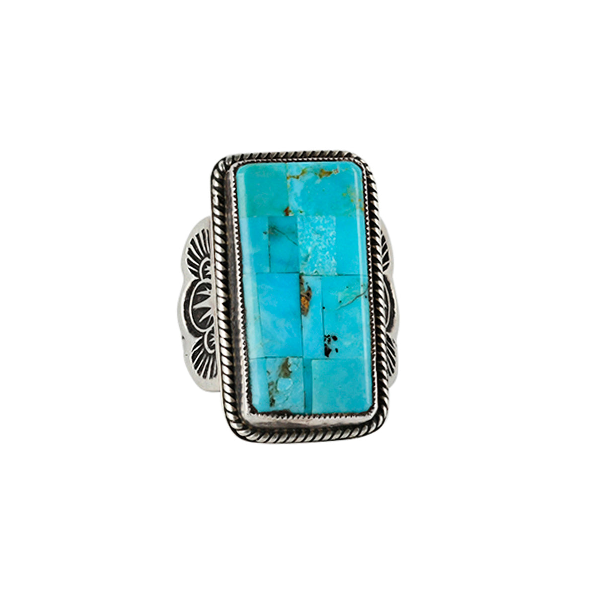 Sterling silver and turquoise ring with silver stamping details.
