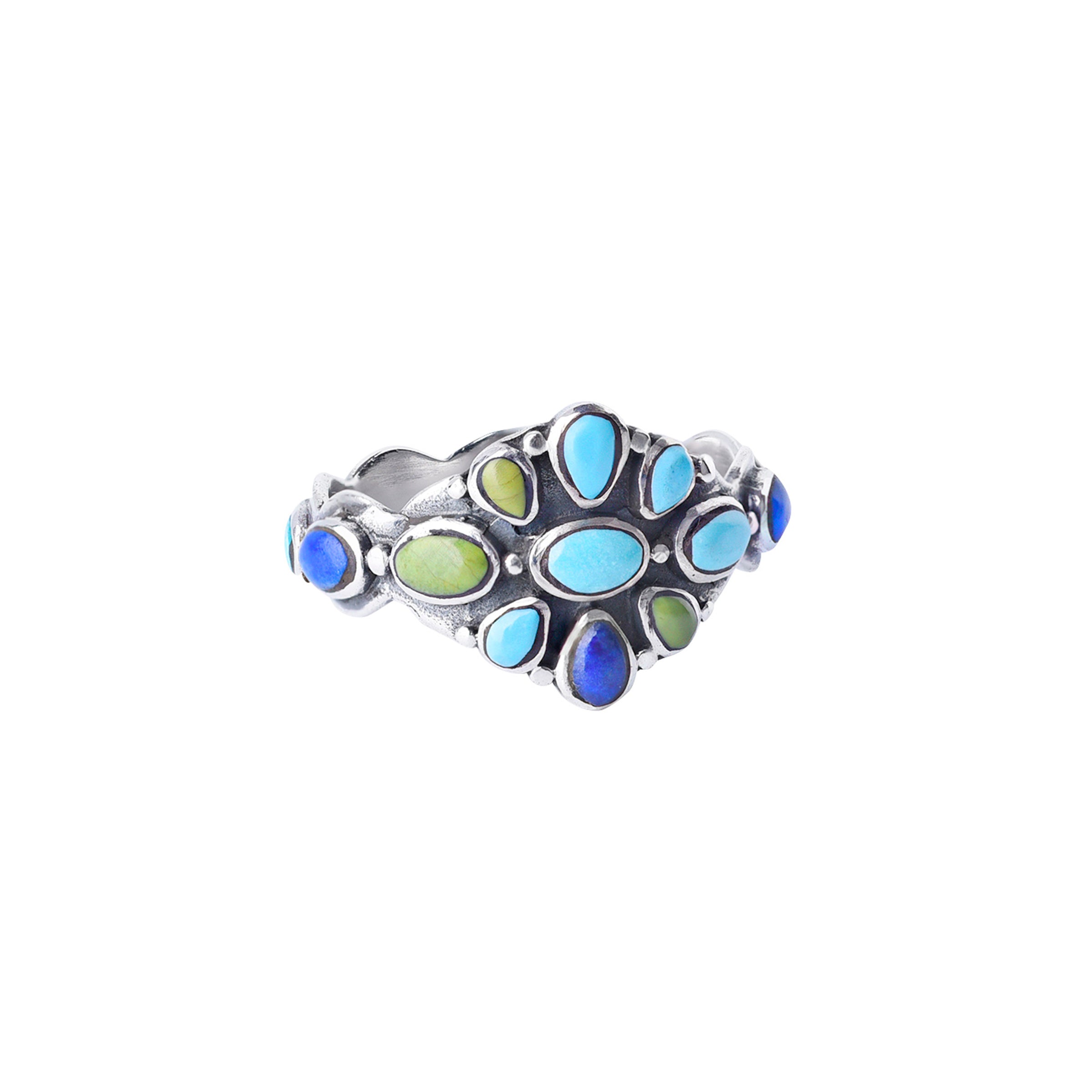 A Sterling Silver floral statement ring inlayed with a mix of Turquoise. The band of this ring is also inlayed with Turquoise the whole way around.
