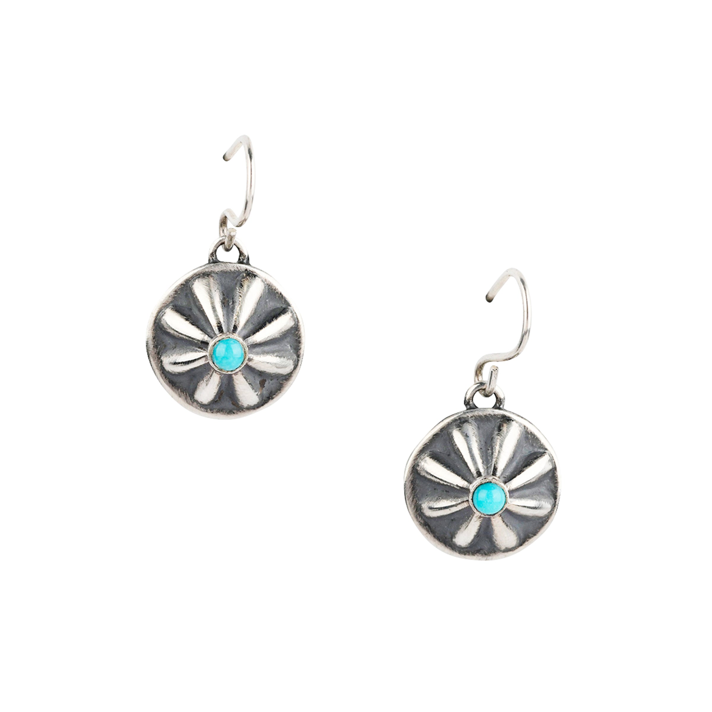 Santa Fe Style Concho Earrings made with Sterling Silver and Blue Turquoise as the centerpiece stud