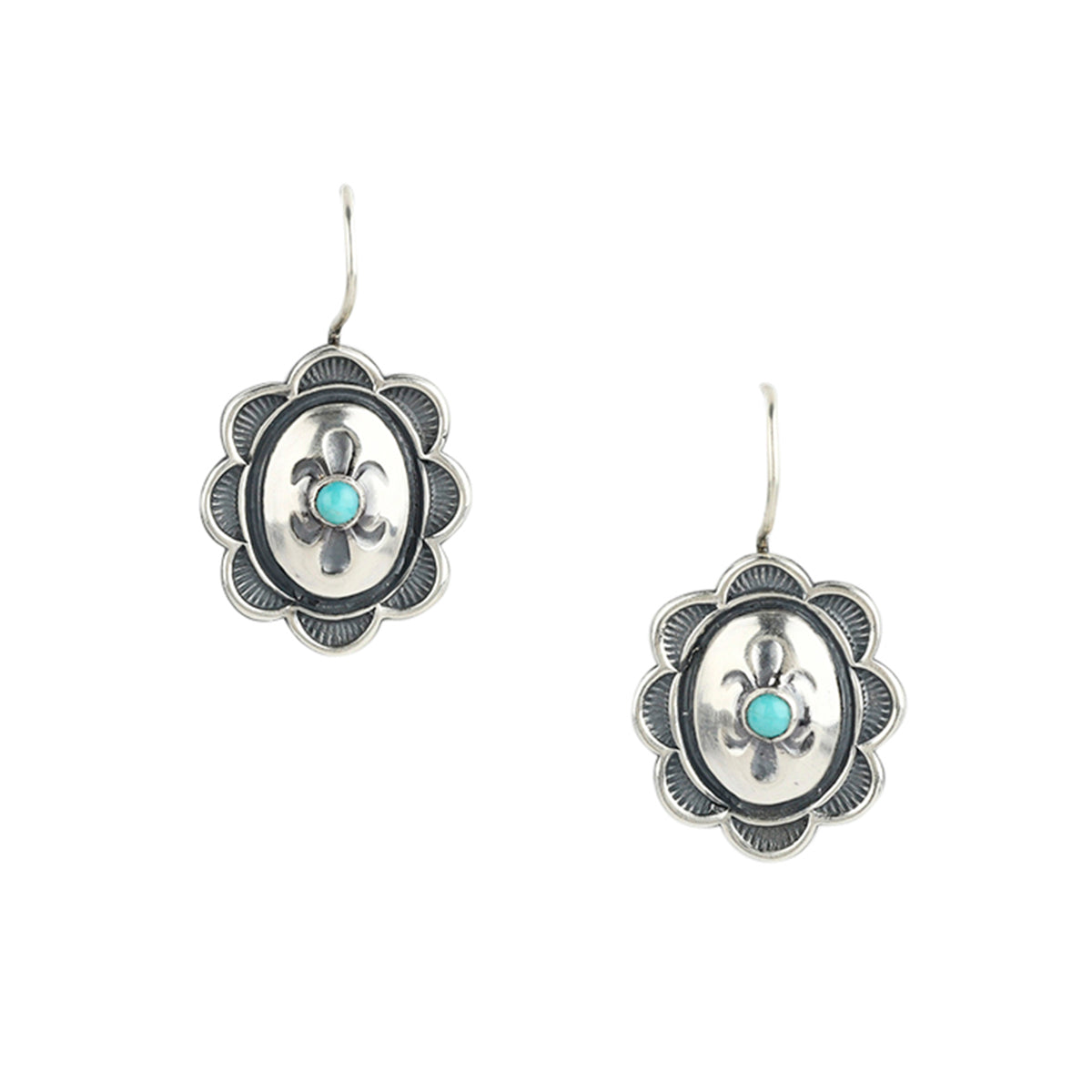 A pair of traditional, Southwestern concho earrings featuring blue turquoise stone as the centerpiece