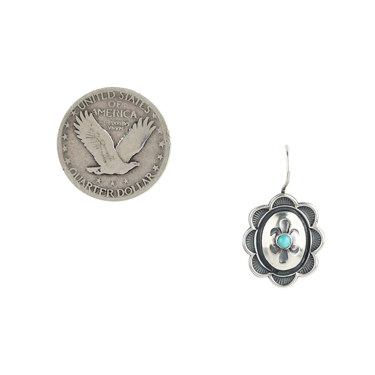 A pair of traditional, Southwestern concho earrings featuring blue turquoise stone as the centerpiece