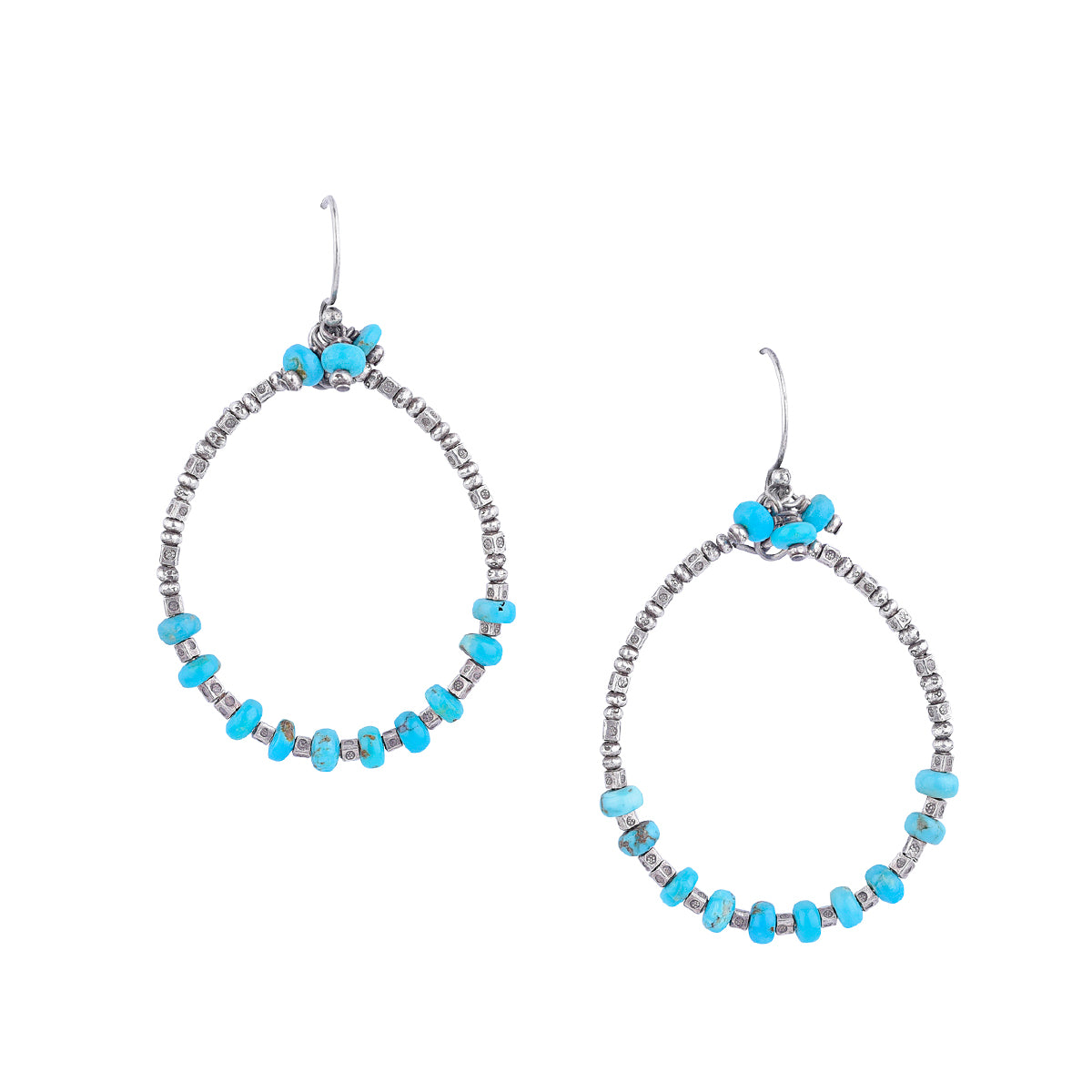 Turquoise beads on hoop with Thai Sterling silver beads and cluster of Turquoise at top earrings.