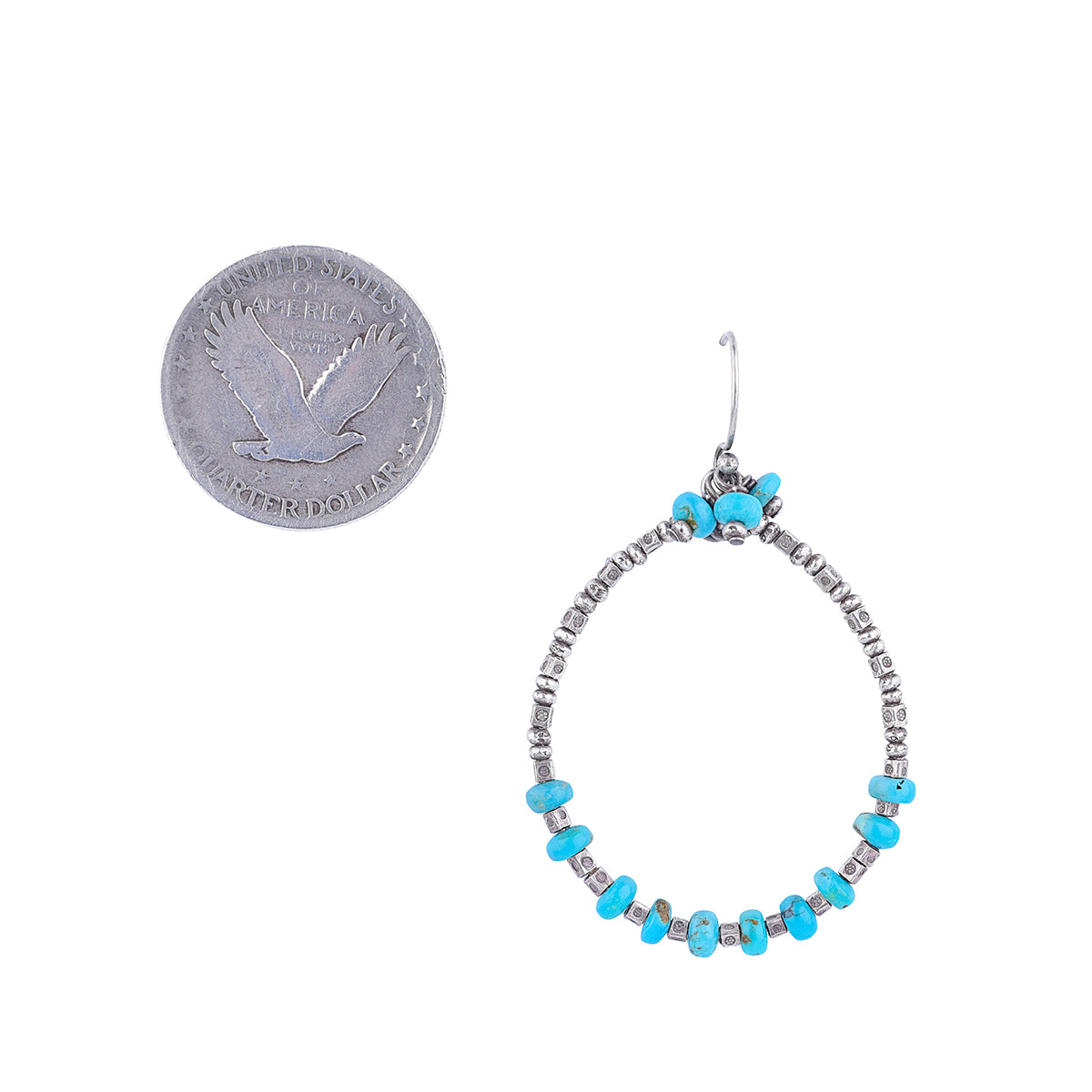 Turquoise beads on hoop with Thai Sterling silver beads and cluster of Turquoise at top earrings with coin for scale.