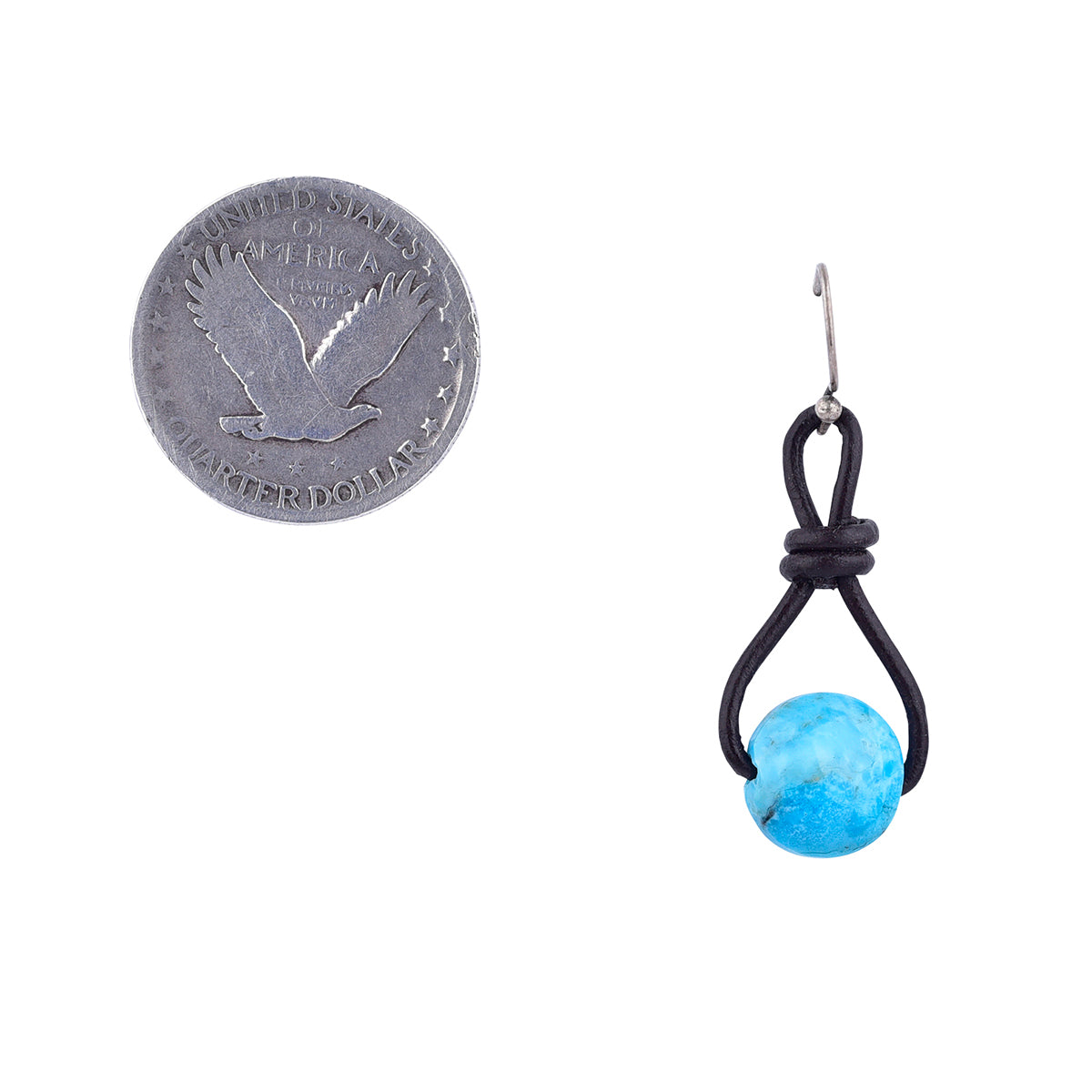 Goat Leather loop with turquoise focal bead earring next coin for scale.