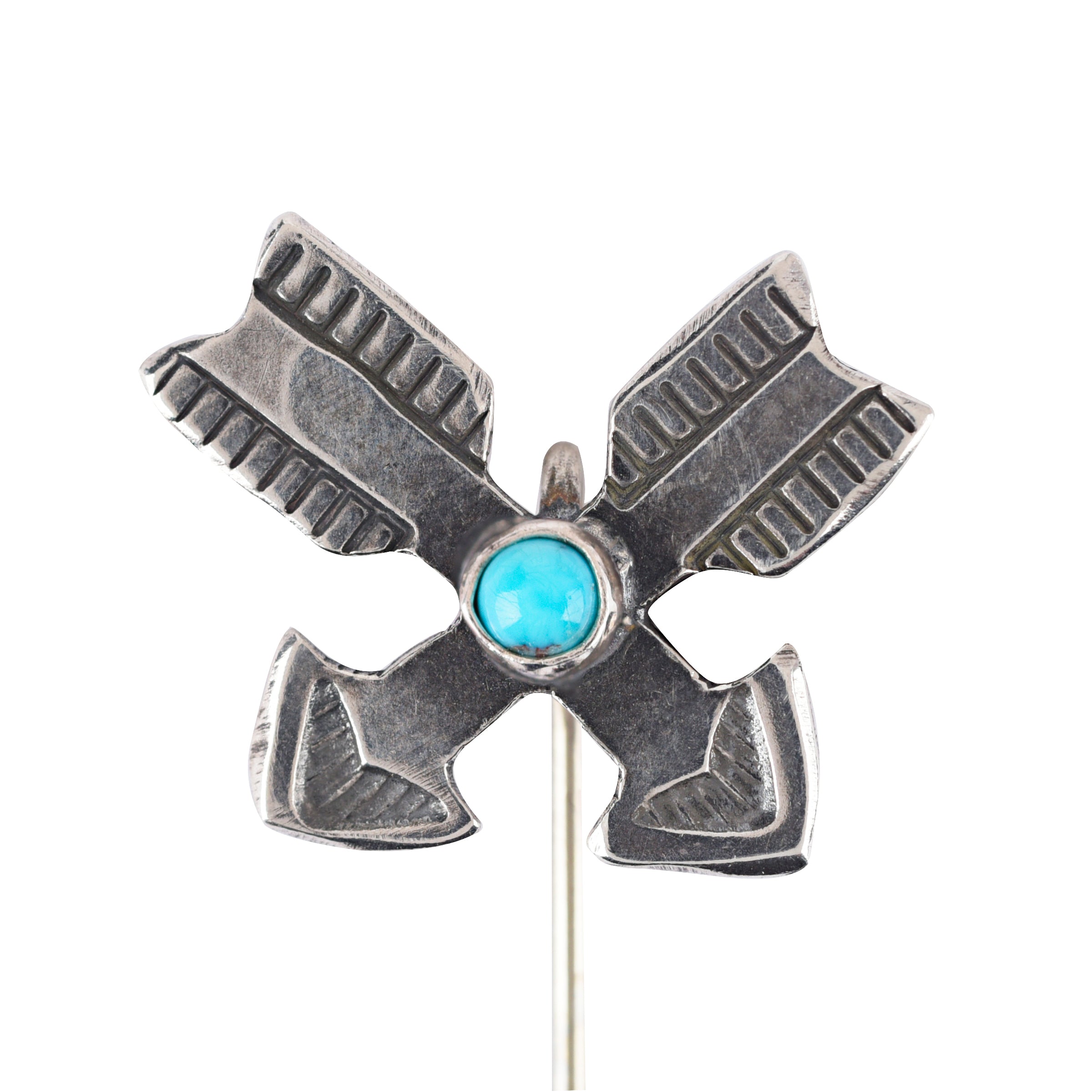 Sterling silver crossed arrows with turquoise center pin detail.