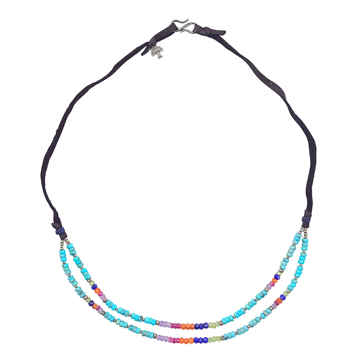 Sterling silver shepherds hook closure necklace with Turquoise, Peridot, Lapis Lazuli, Carnelian, Ruby, Amethyst focal point in two strands with leather in back.
