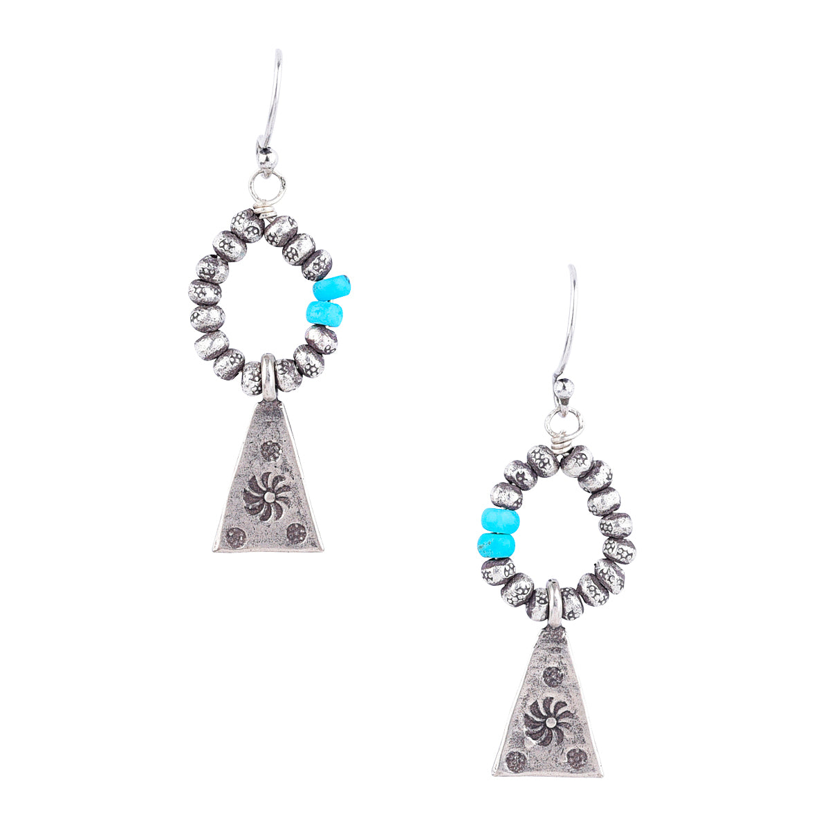 Thai stamped charm on Thai silver bead hoops with Turquoise bead accent earrings