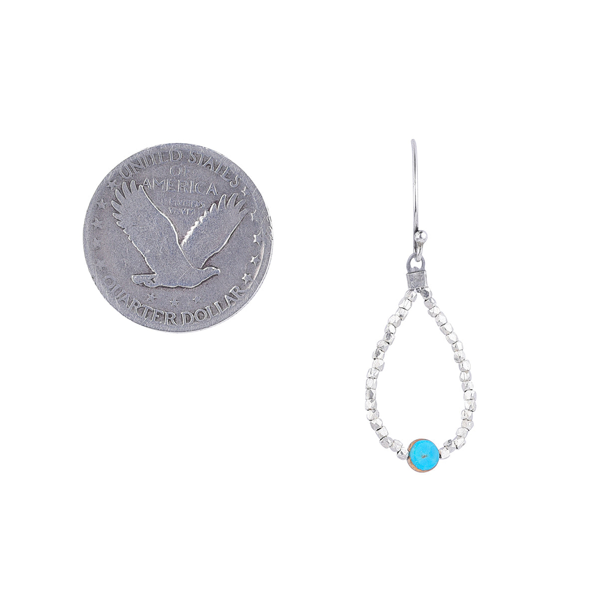Sterling silver and turquoise tear drop earring with coin for scale