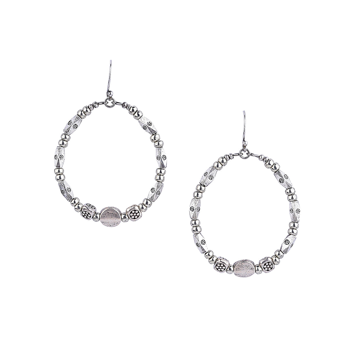 sterling silver hoop earrings with multiple sizes and textures of Thai beads