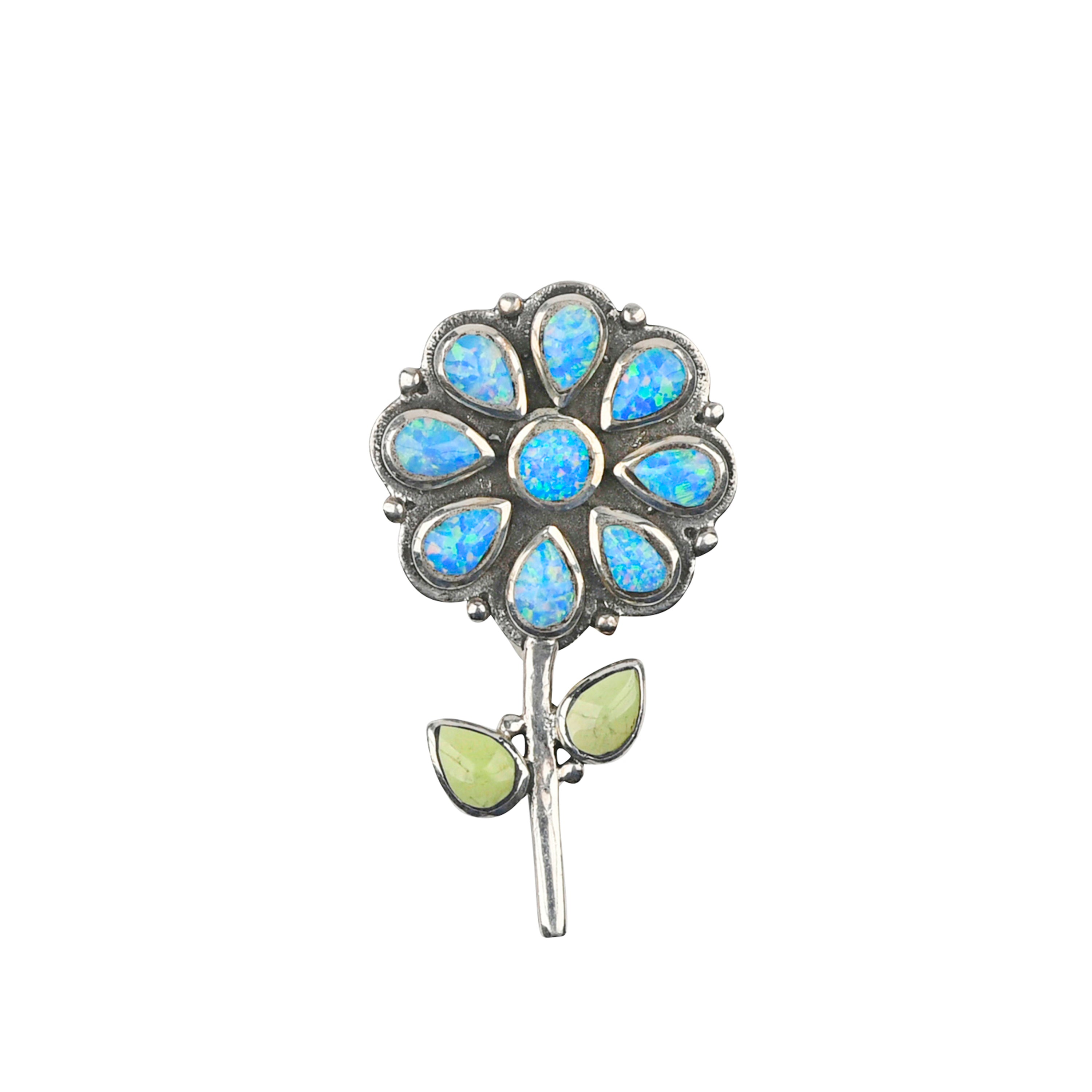 Classic flower pin forged from Sterling Silver, Blue Opal and Turquoise