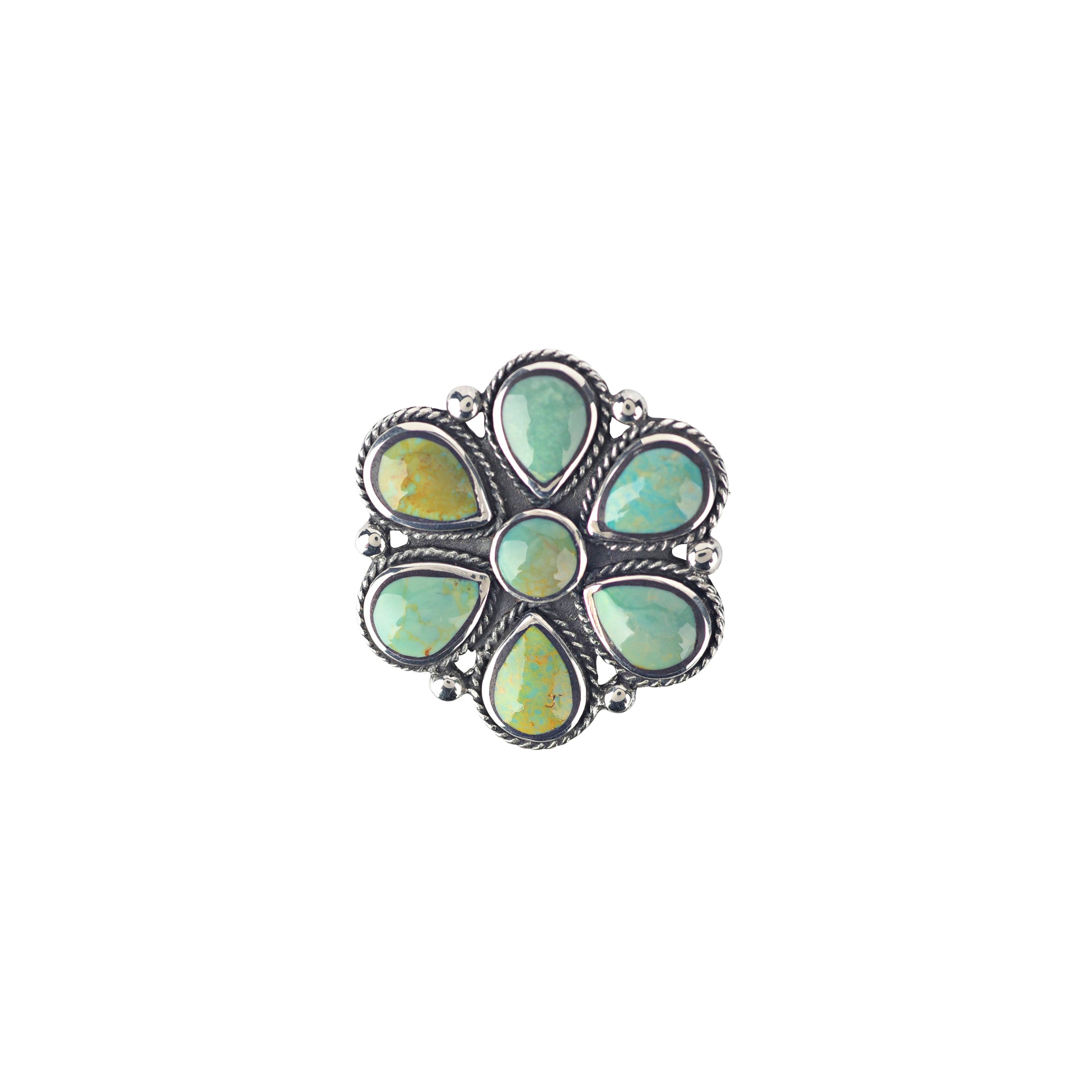 Flower Pin or Hat Tack made of Sterling Silver set with Green Turquoise