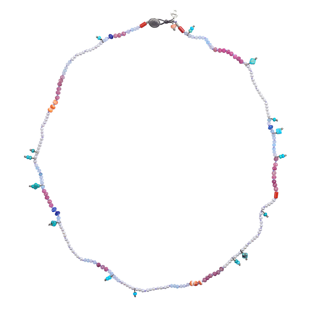 Charm necklace with Sterling Silver, Turquoise, Spiny Oyster Shell, Lapis Lazuli, Pink Tourmaline, Aquamarine, Freshwater Pearl, Kyanite, and Coral with button closure.
