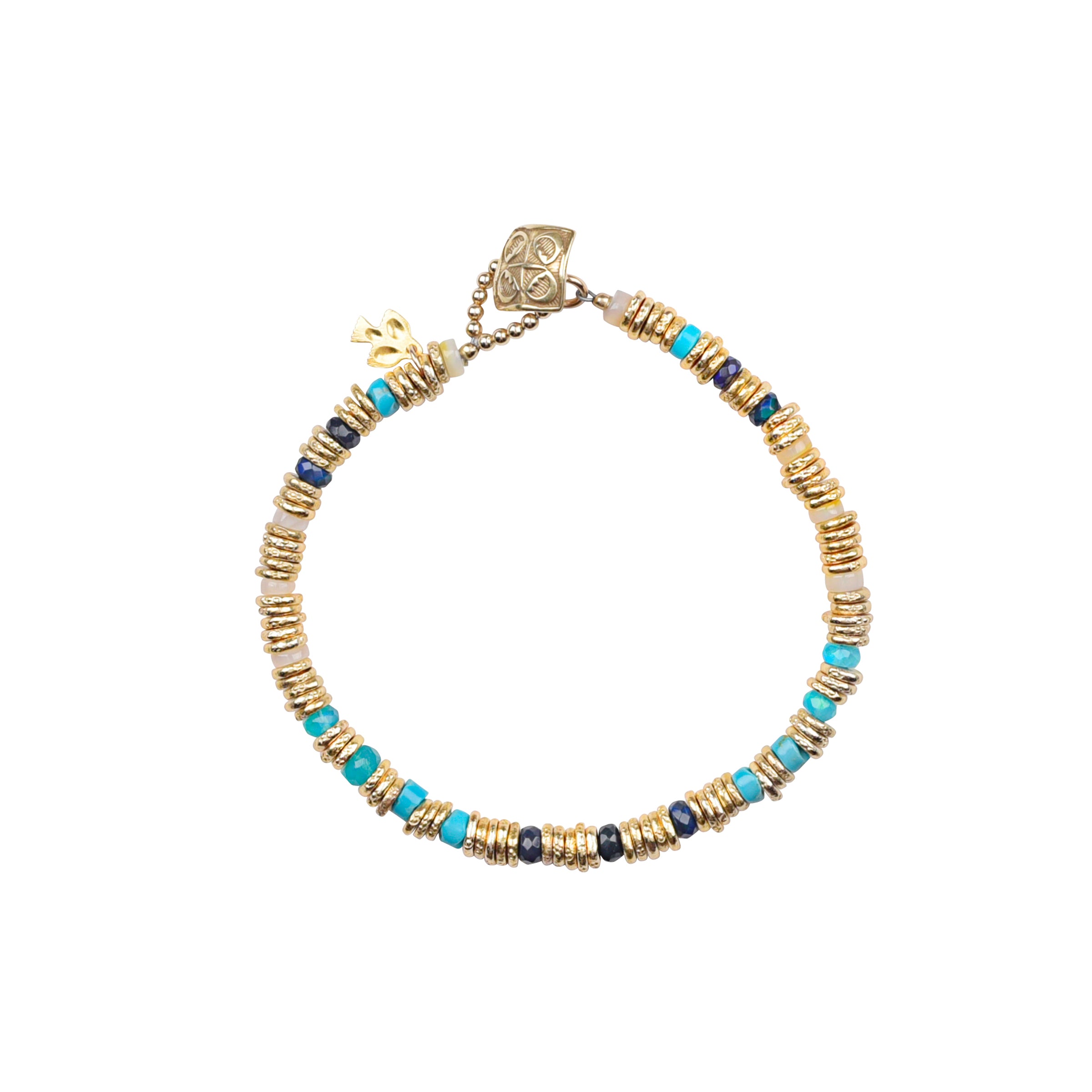 The Santorini beaded bracelet is a brilliant display of Gold, Turquoise, Opal, and Mother of Pearl.