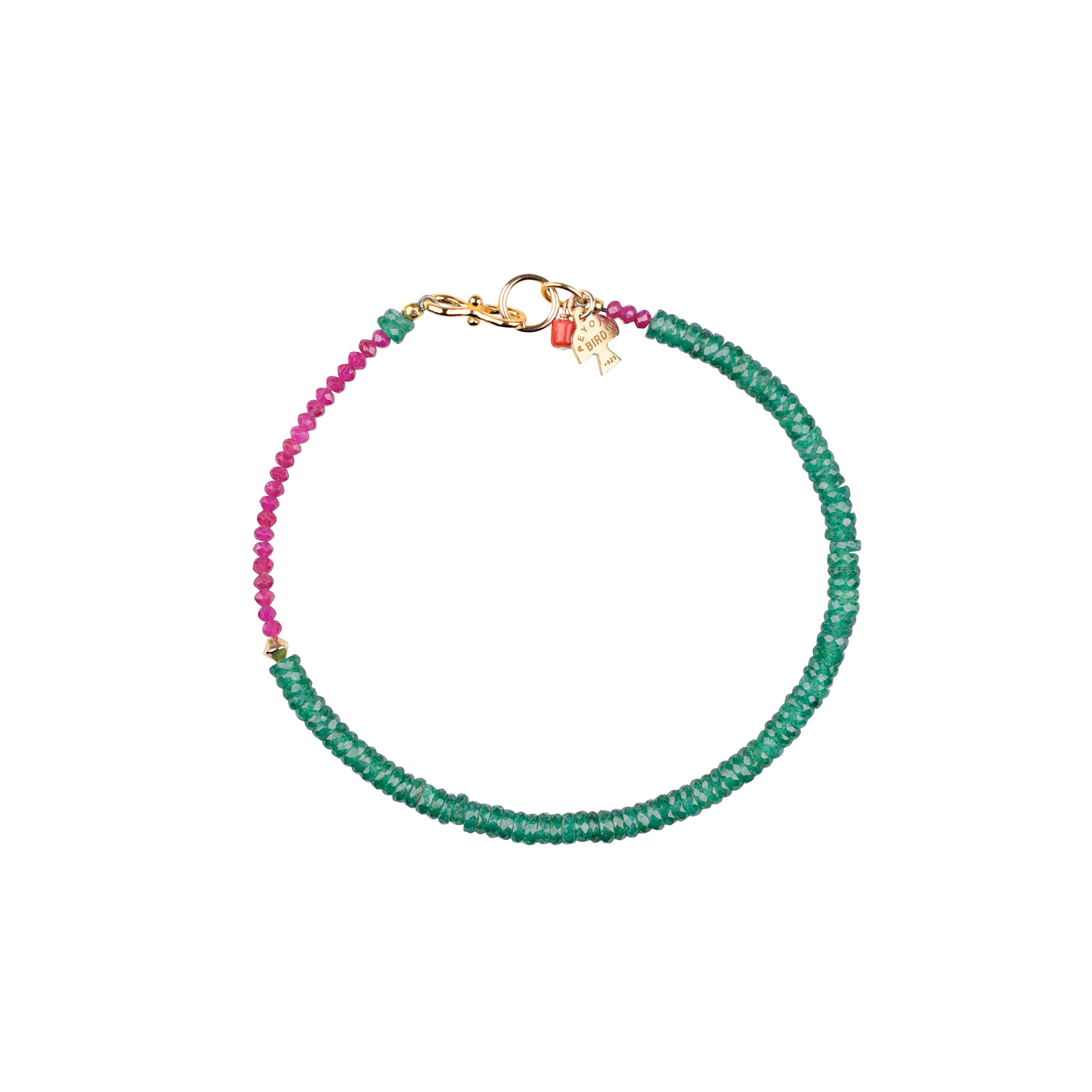 A Peyote Bird Original beaded bracelet made with natural Ruby, natural Emerald and topped with 14k gold filled beads and hook toggle