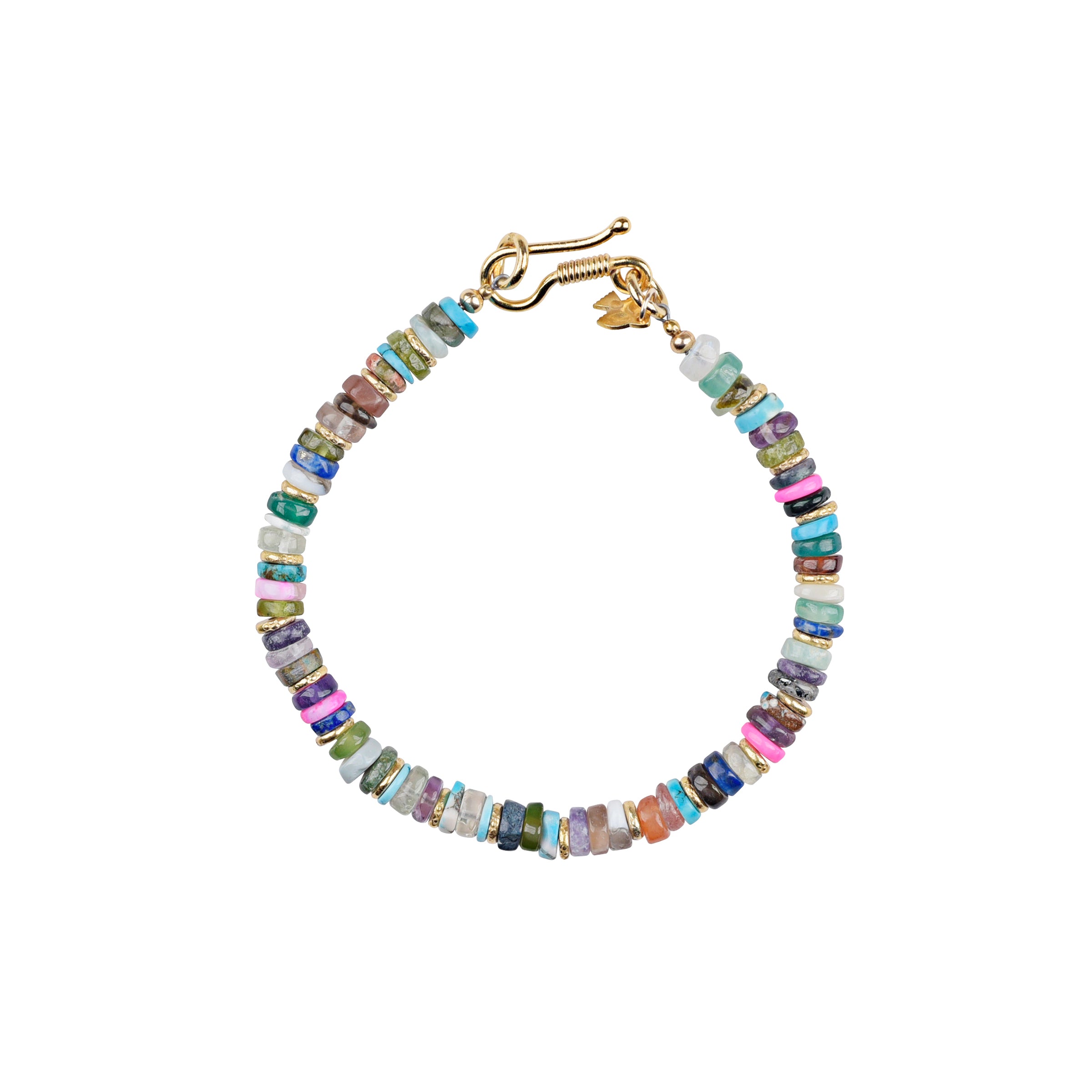 A multicolored beaded bracelet with a gold plate clasp. Peyote Bird original featuring blue turquoise, amethyst, lapis howlite, amazonite, and 14k gold plate. Made in USA.