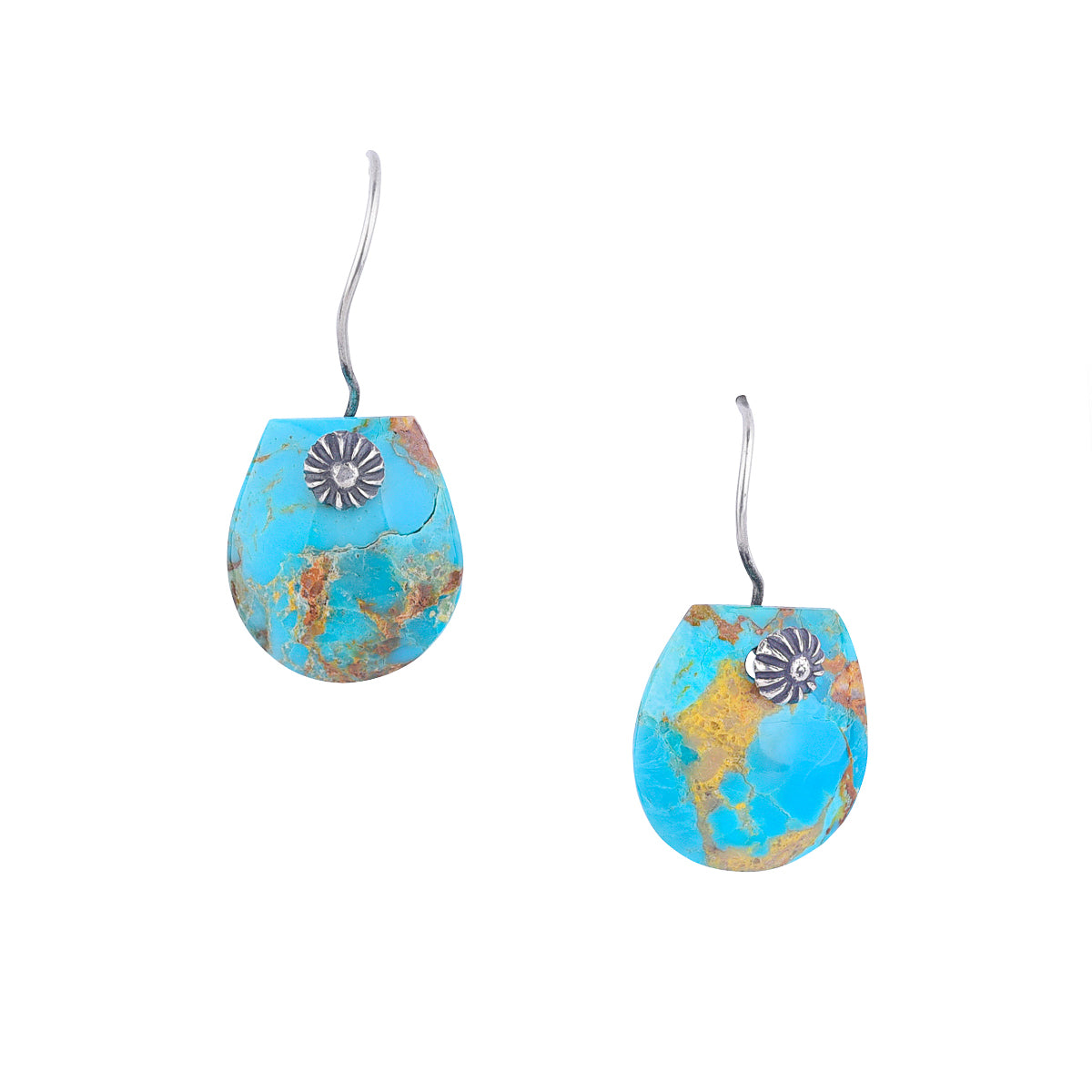 Natural Turquoise slab earrings with varied matrix hanging off of handmade ear wire with stamping detail.