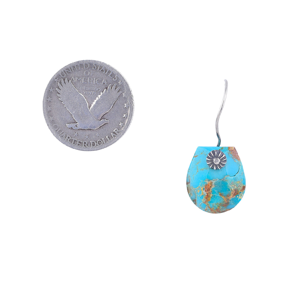 Natural Turquoise slab earrings with varied matrix hanging off of handmade ear wire with stamping detail. Scale image next to coin.