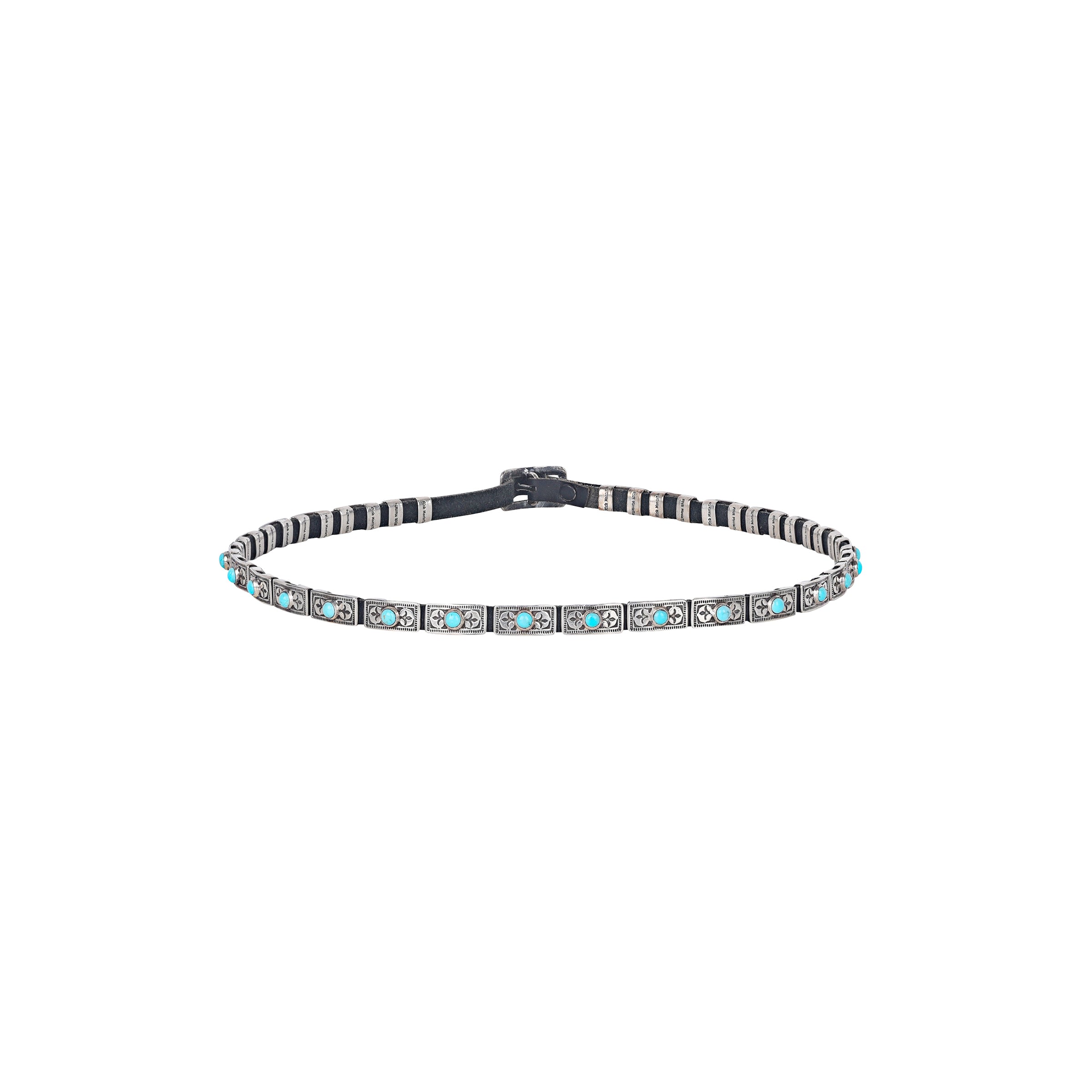 An adjustable hatband made with Sterling Silver and Turquoise on Black or Brown Leather