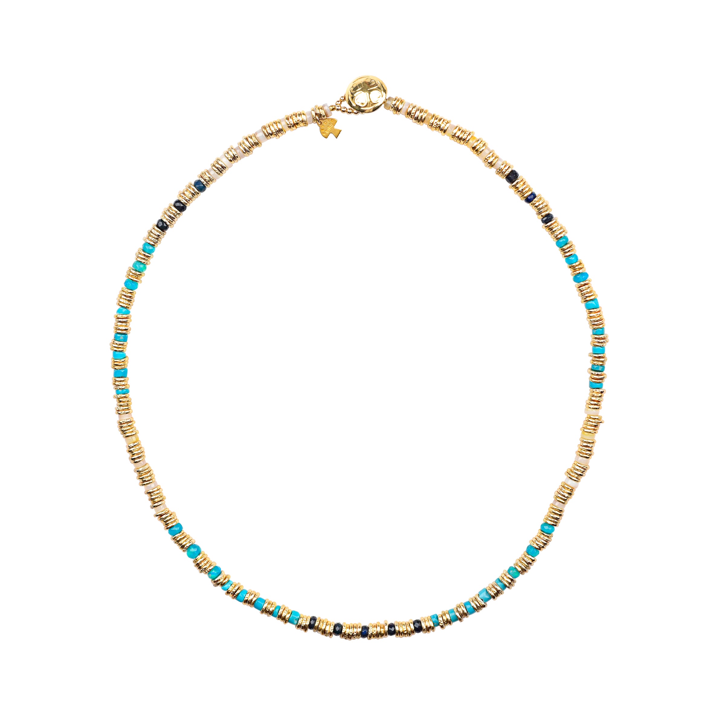 Santorini Necklace, artisan, accessory, turquoise, opal, mother of pearl, gold fill, gold plate, made in USA