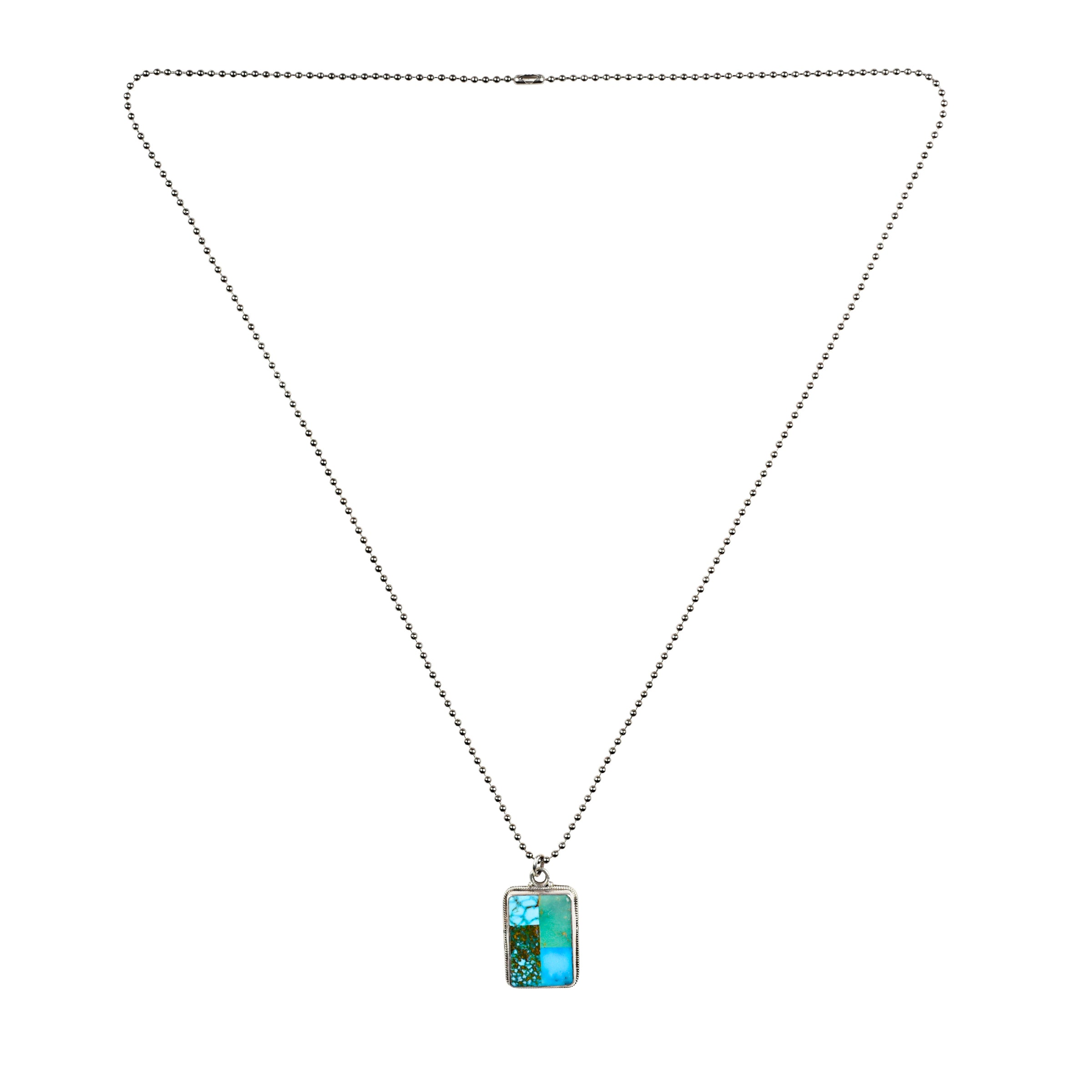 Sterling silver with Blue & Green Turquoise inlay dog tag pendant from Aldrich art. 30 inch sterling silver bead ball chain. Made in USA.