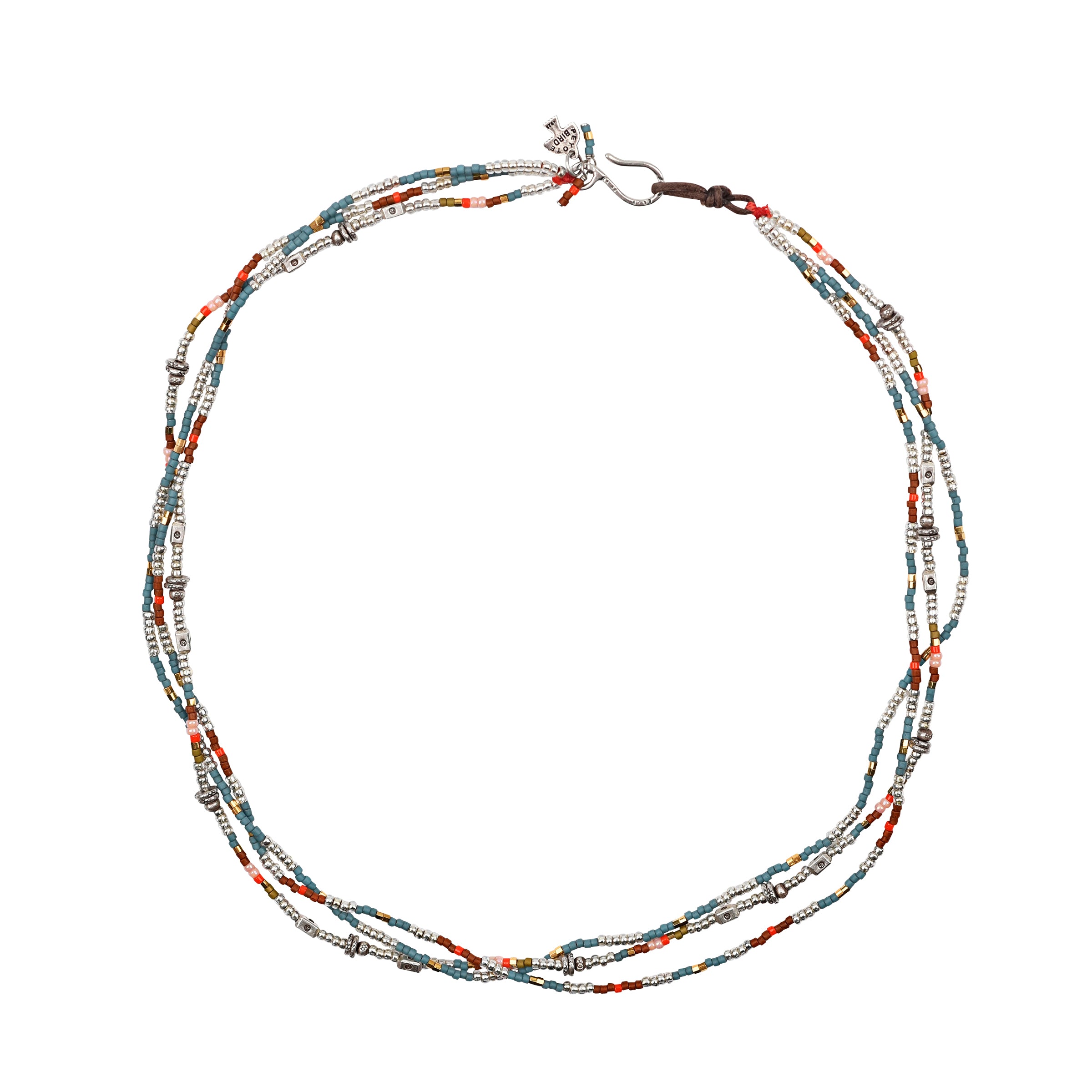 As seen in the Sundance Catalog. A multi-colored 3-strand necklace strung with glass seed beads and Thai sterling silver stamped beading. Finished with a hook toggle.