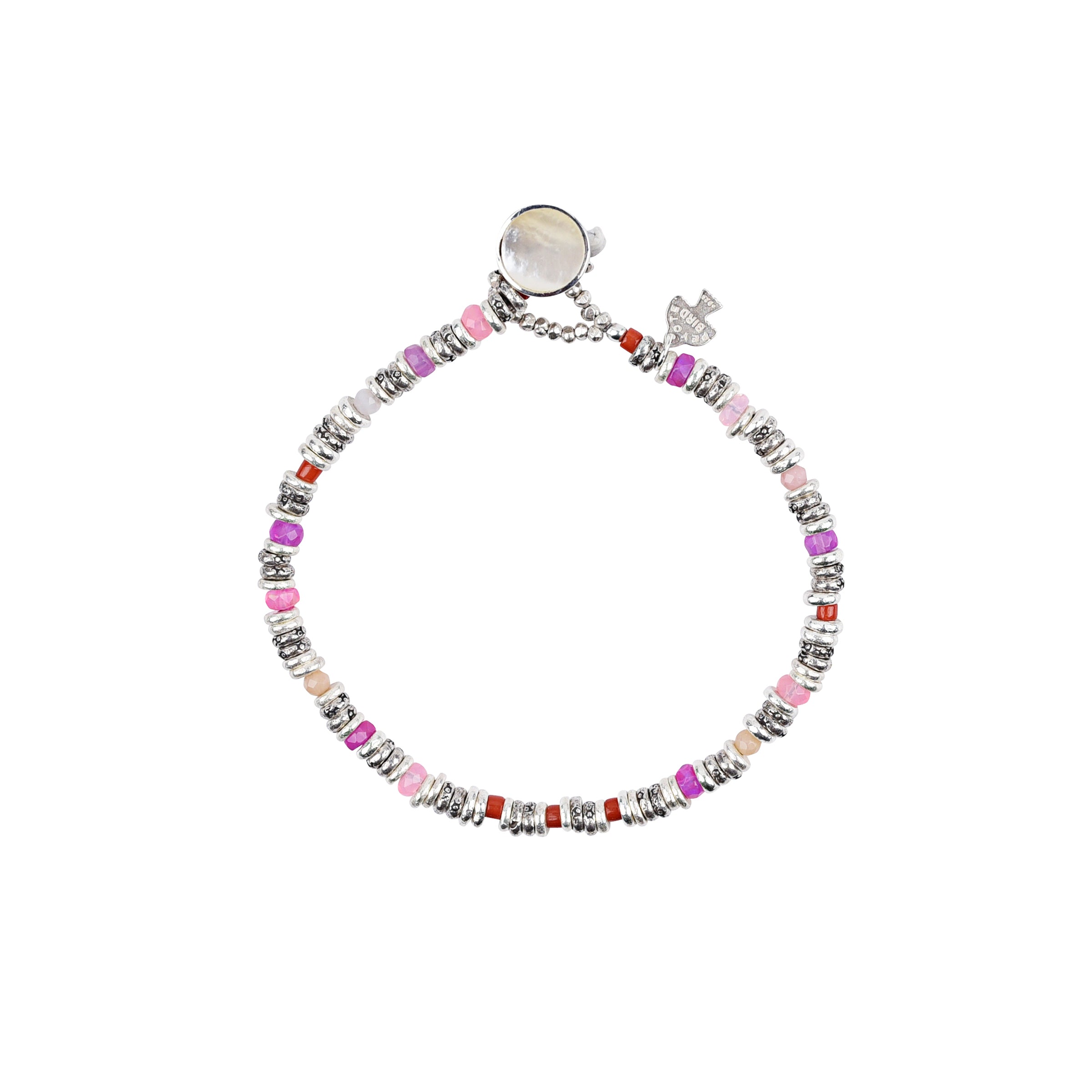 A Peyote Bird Original beaded bracelet featuring Ethiopian Opal, Pink Opal, Natural Coral, and Sterling Silver Thai beading finished with a Mother of Pearl toggle.