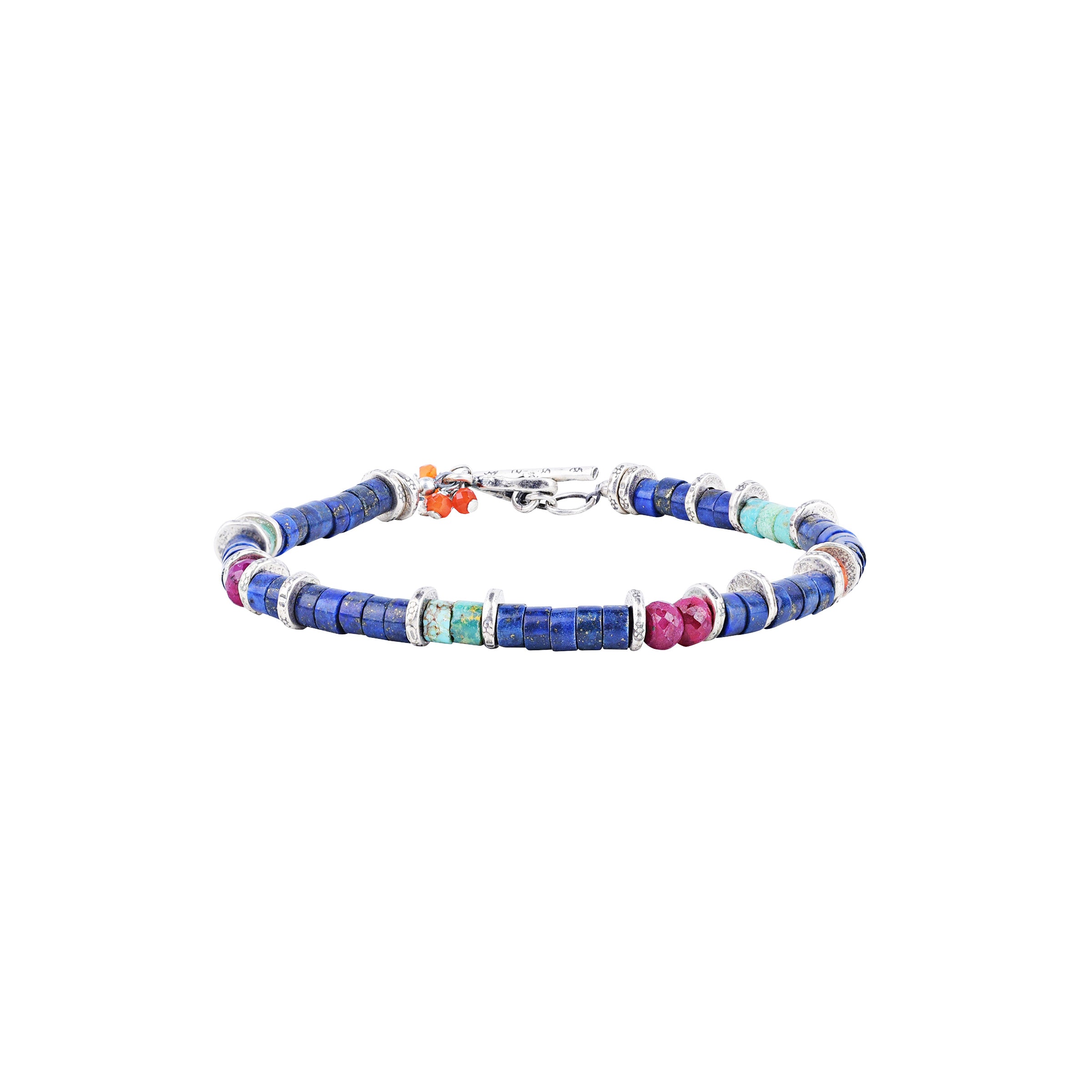 Clasped Bracelet featuring Lapis, Turquoise, Carnelian, and Ruby topped with Sterling Silver spacers