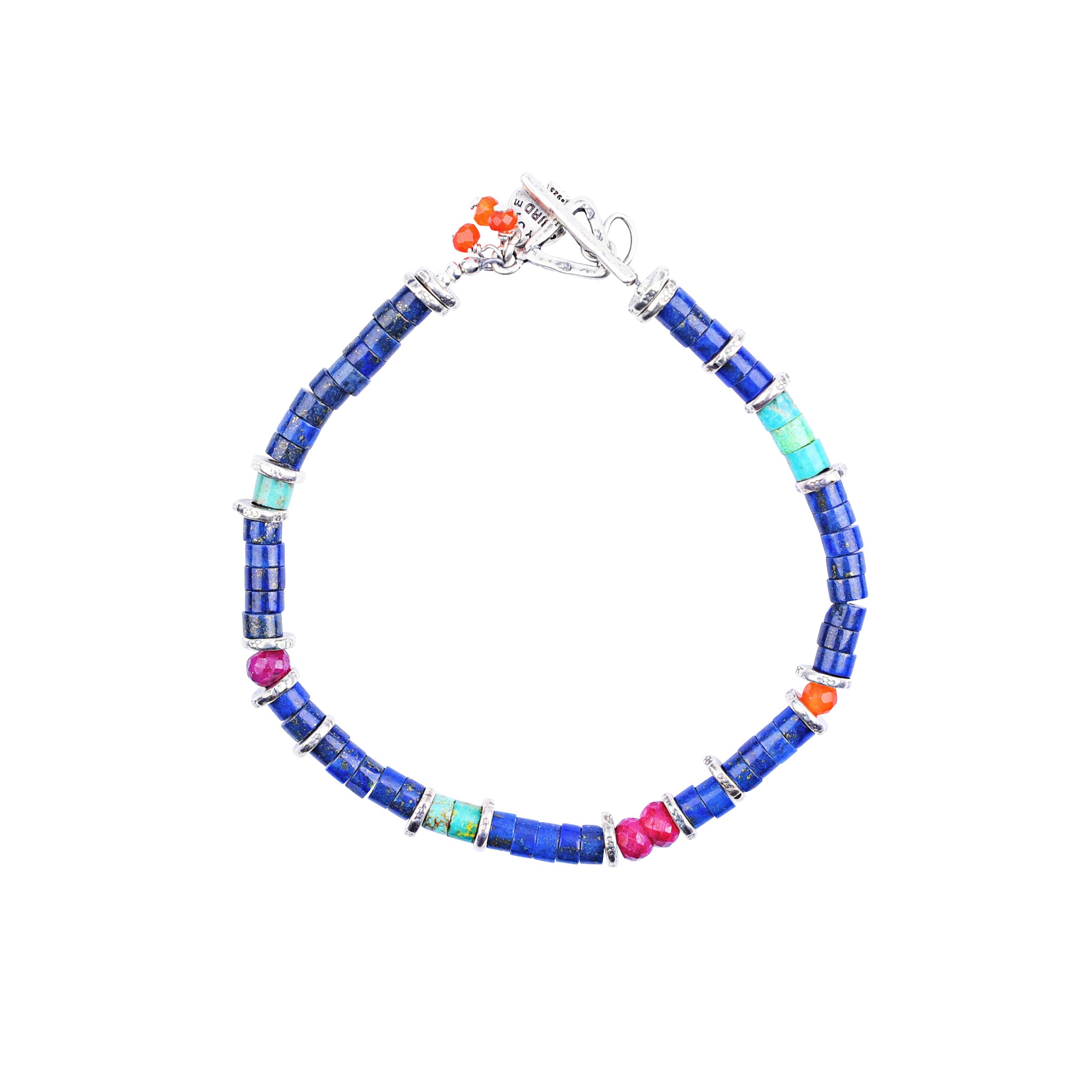 Clasped Bracelet featuring Lapis, Turquoise, Carnelian, and Ruby topped with Sterling Silver spacers