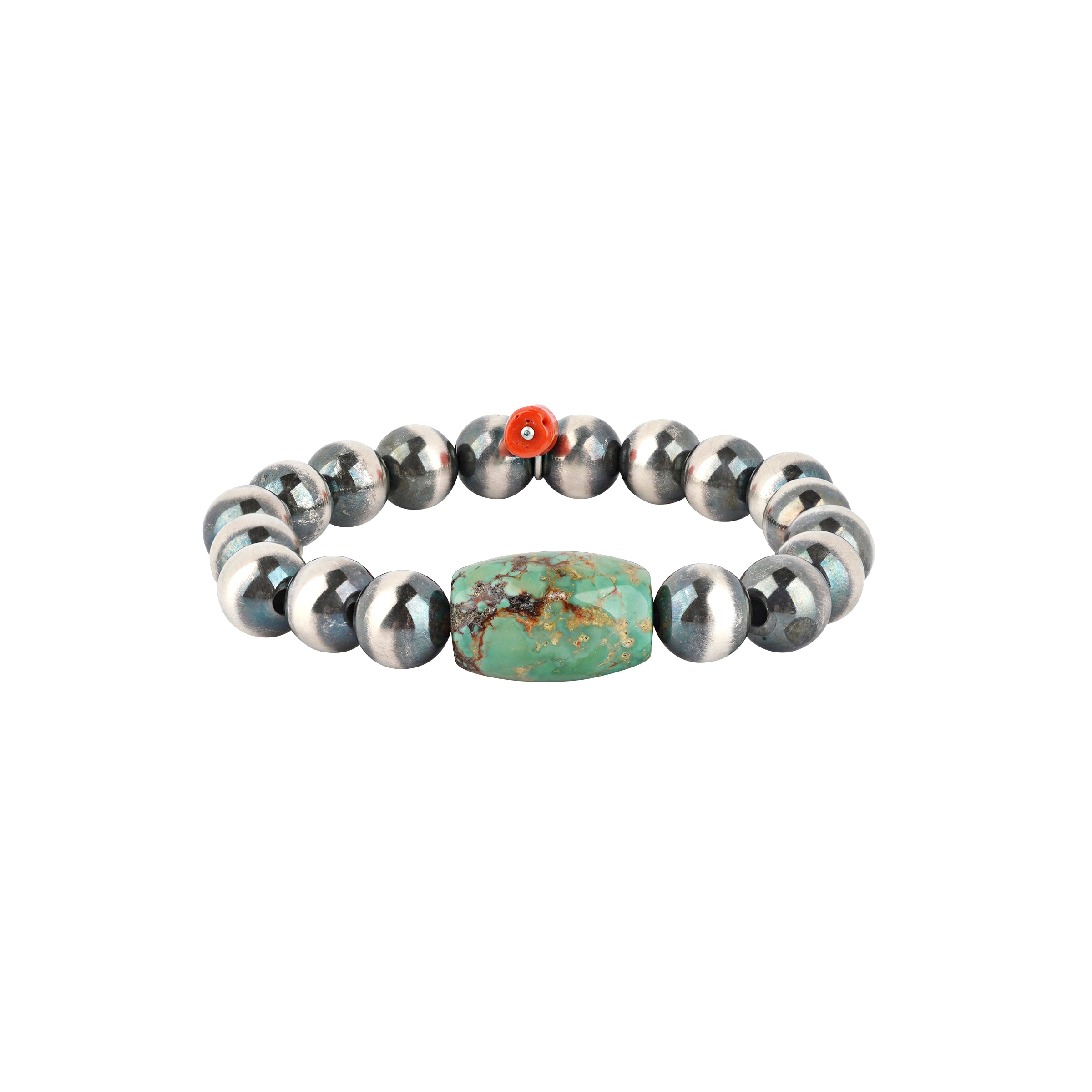 A Stretch Bracelet strung with 10mm Desert Pearls, a barrel of Turquoise, and finished with a Red Coral Accent Bead. This piece was featured in the Sundance Catalog - but now you can find it here!