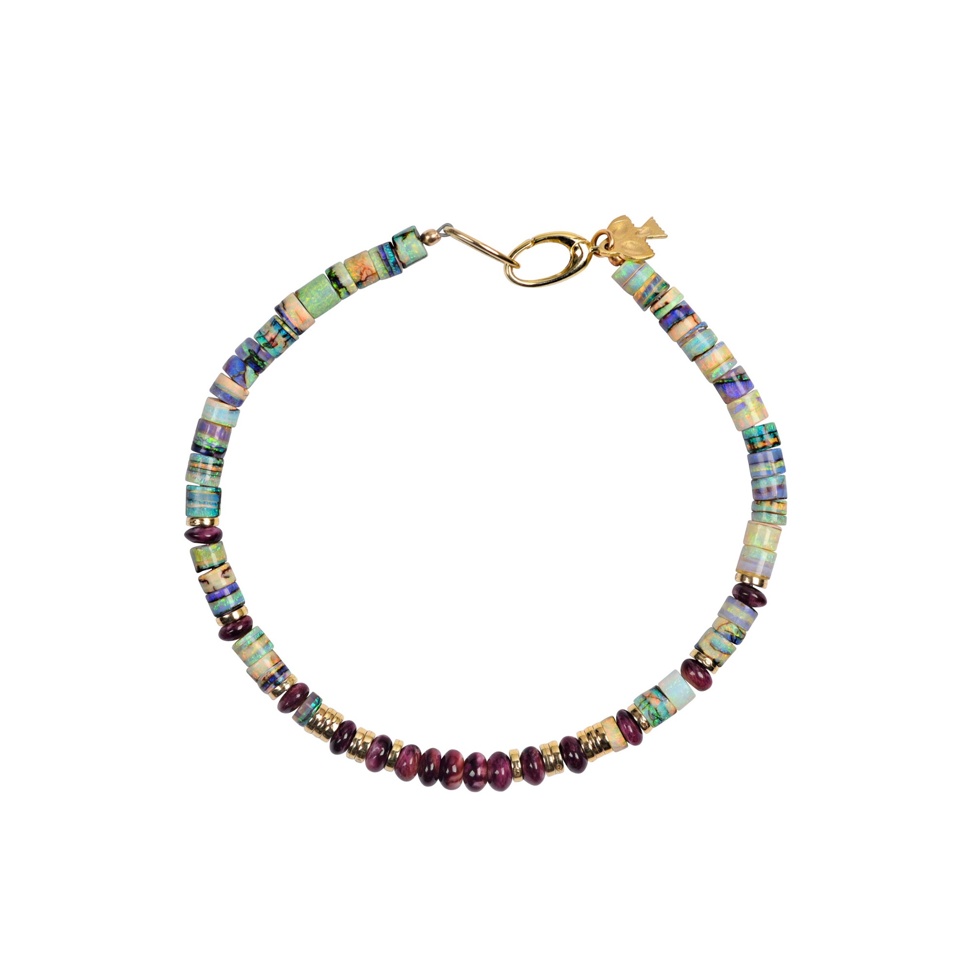 opal and purple spiny oyster shell beaded bracelet with gold accents and gold loop lobster claw closure