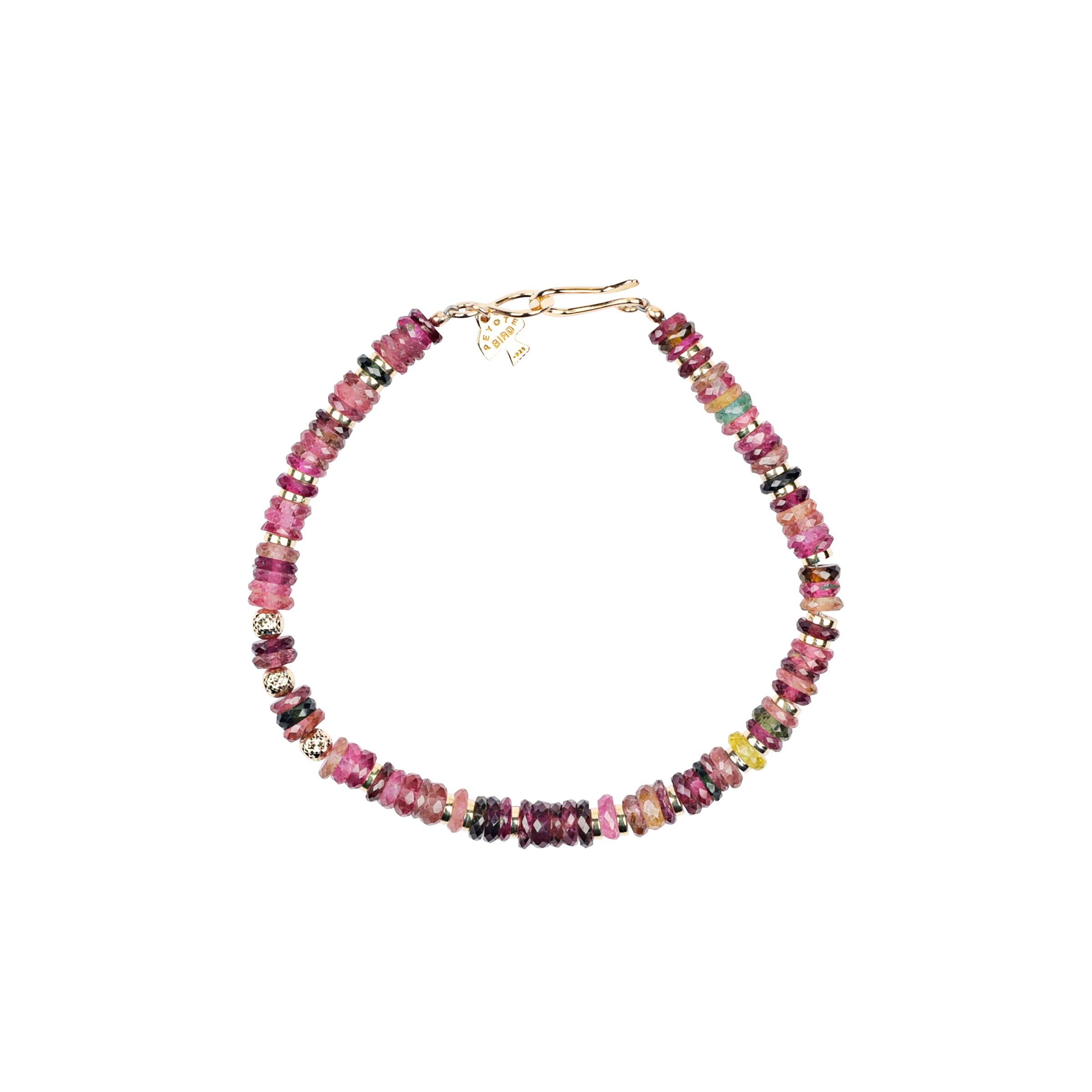 Pink toned with green and yellow beads on beaded bracelet with 14K gold hook and eye closure.