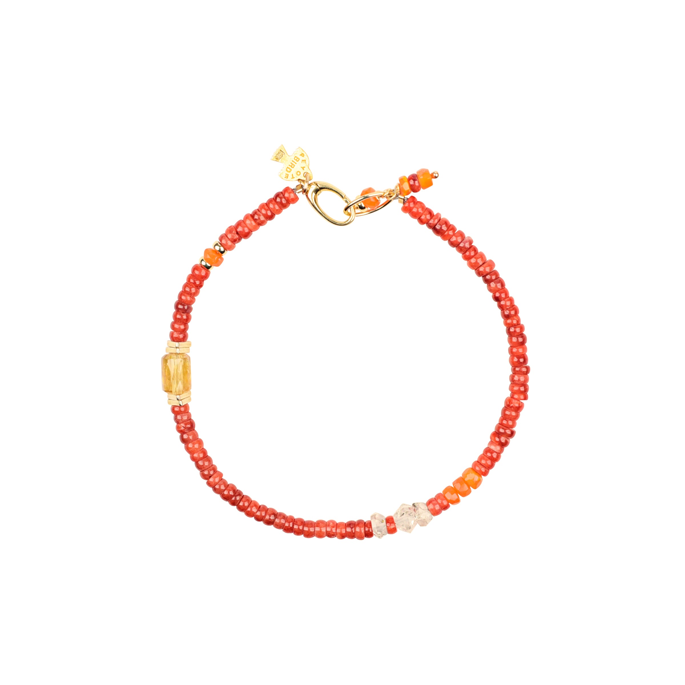 red coral beaded bracelet with accent beads and large loop golden lobster claw closure.