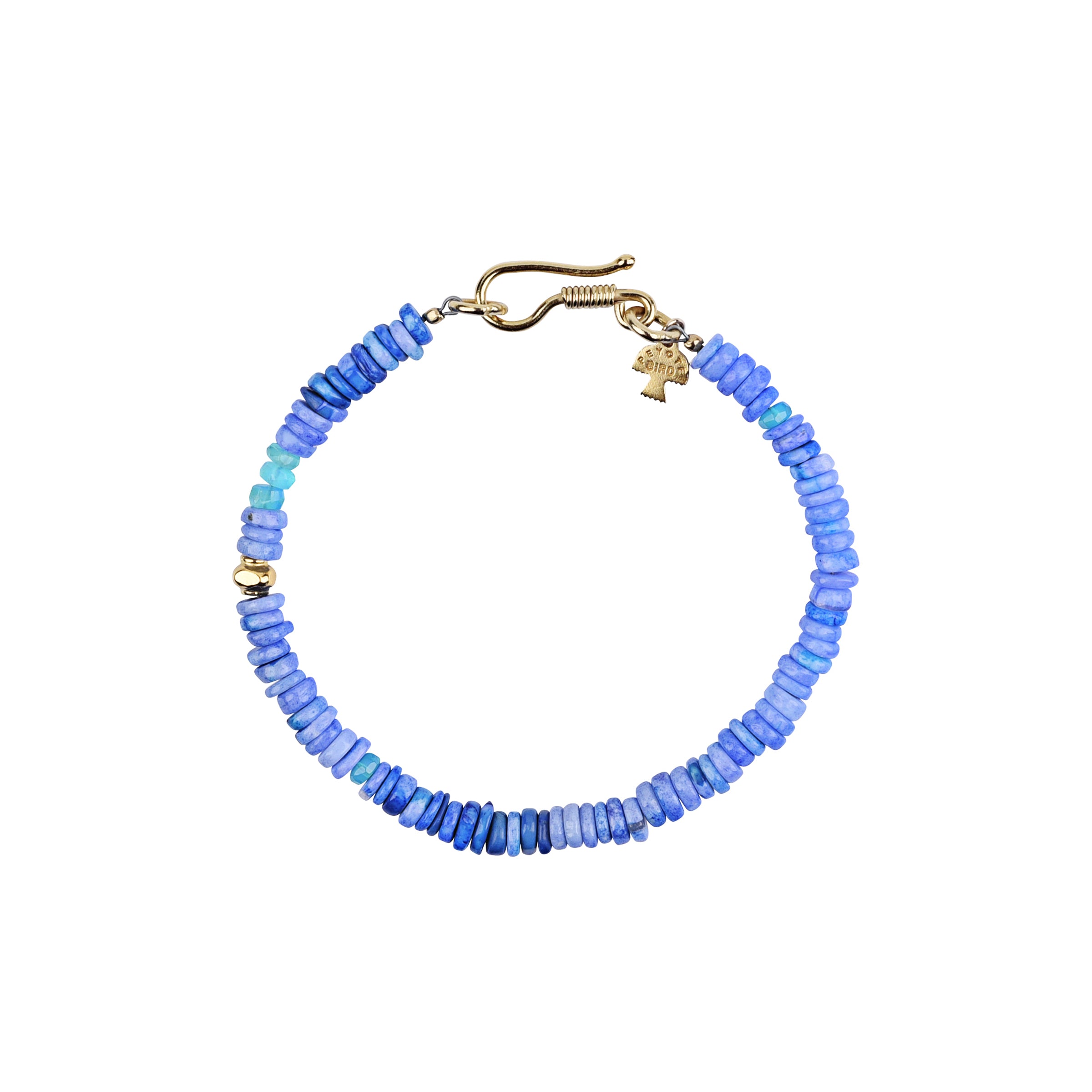 A Peyote Bird Original beaded bracelet made with Blue Opal, Ethiopian Opal, and 14k Gold Plate beading, finished with a hook toggle