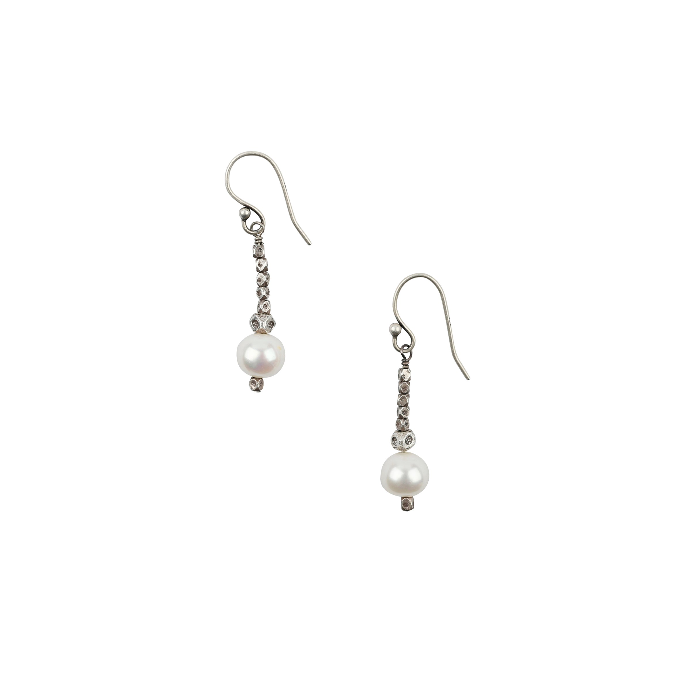 As seen in the Sundance Catalog, a pair of beaded drop earrings strung with Sterling Silver and finished with Pearl beading.